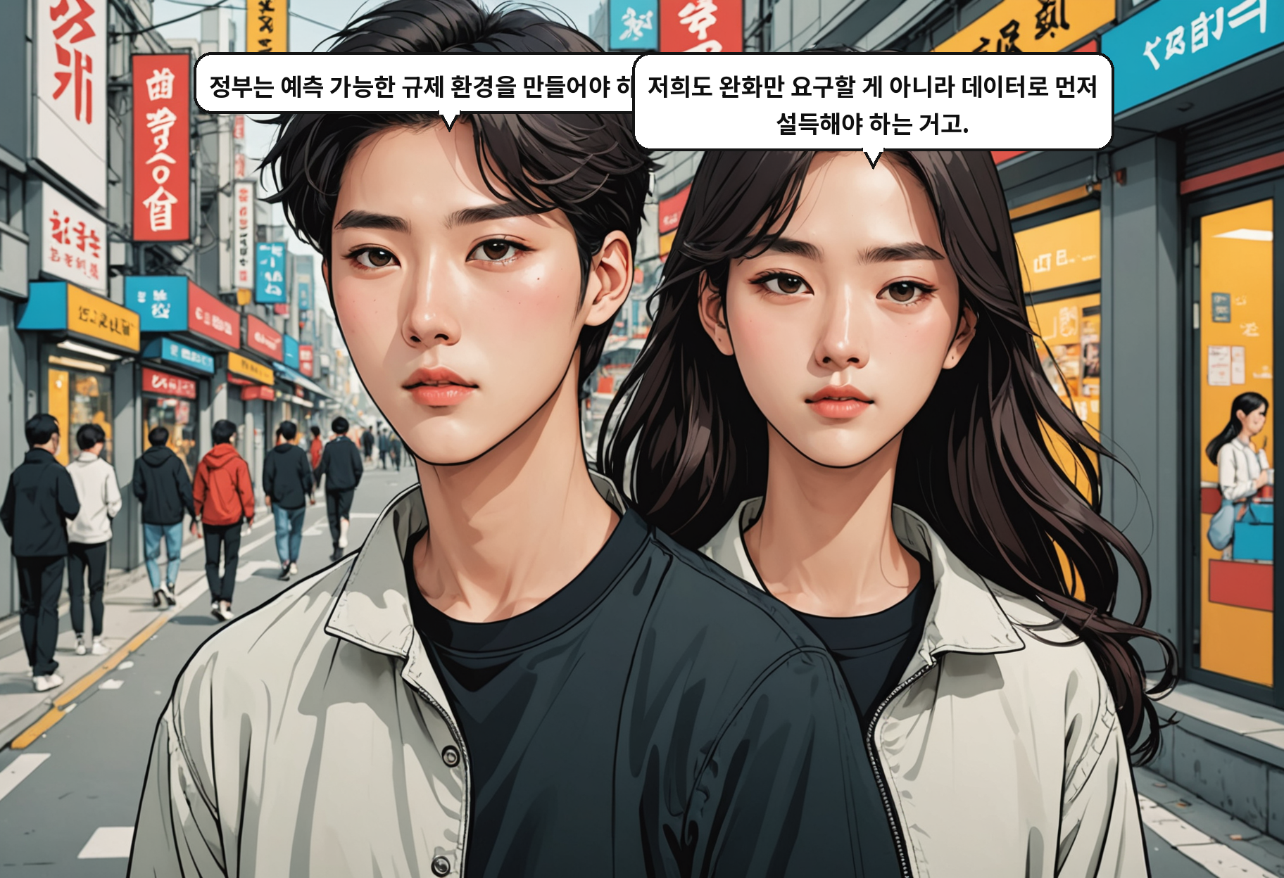 B: 정부는 예측 가능한 규제 환경을 만들어야 하고요. A: 저희도 완화만 요구할 게 아니라 데이터로 먼저 설득해야 하는 거고.