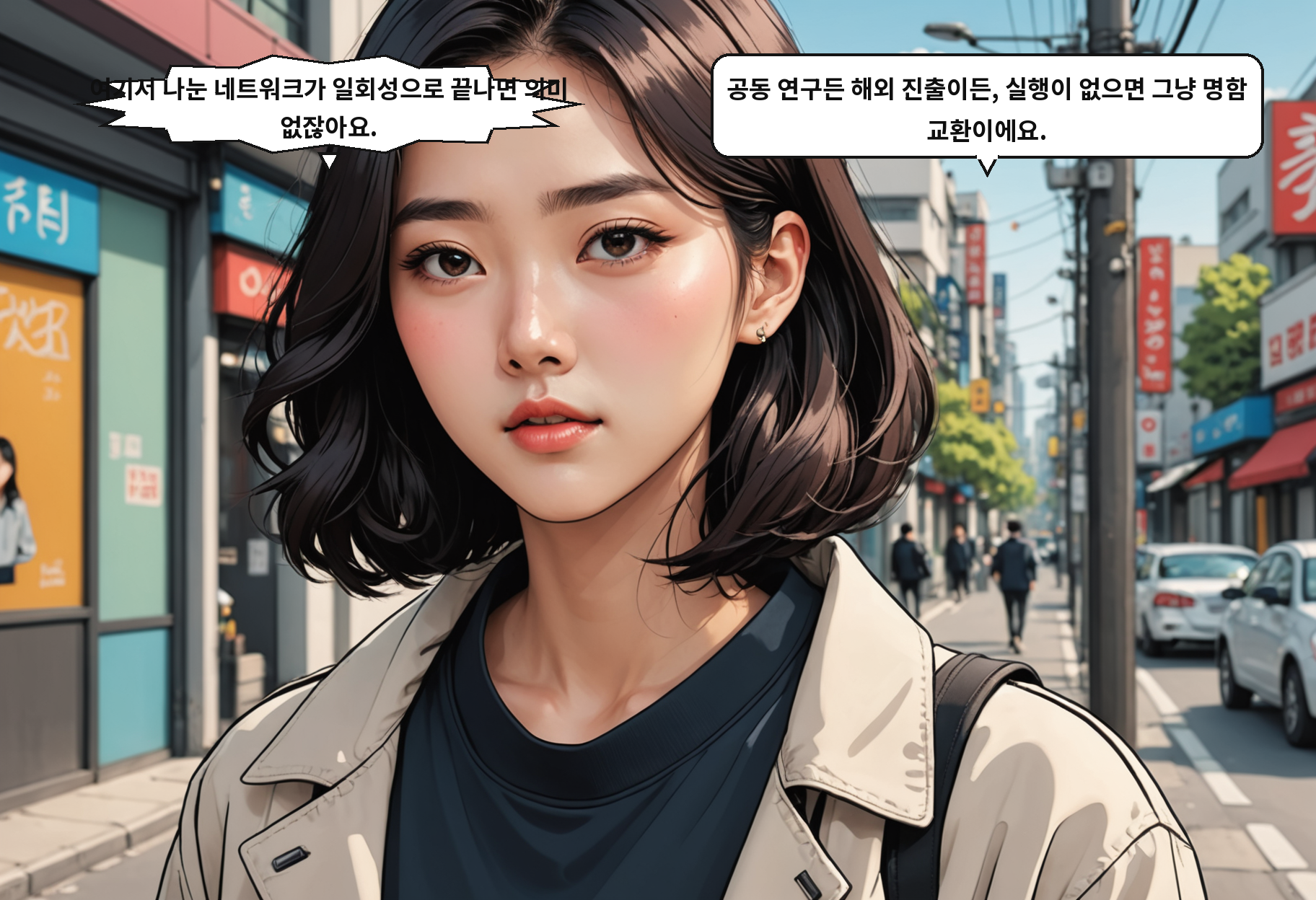 A: 여기서 나눈 네트워크가 일회성으로 끝나면 의미 없잖아요. B: 공동 연구든 해외 진출이든, 실행이 없으면 그냥 명함 교환이에요.