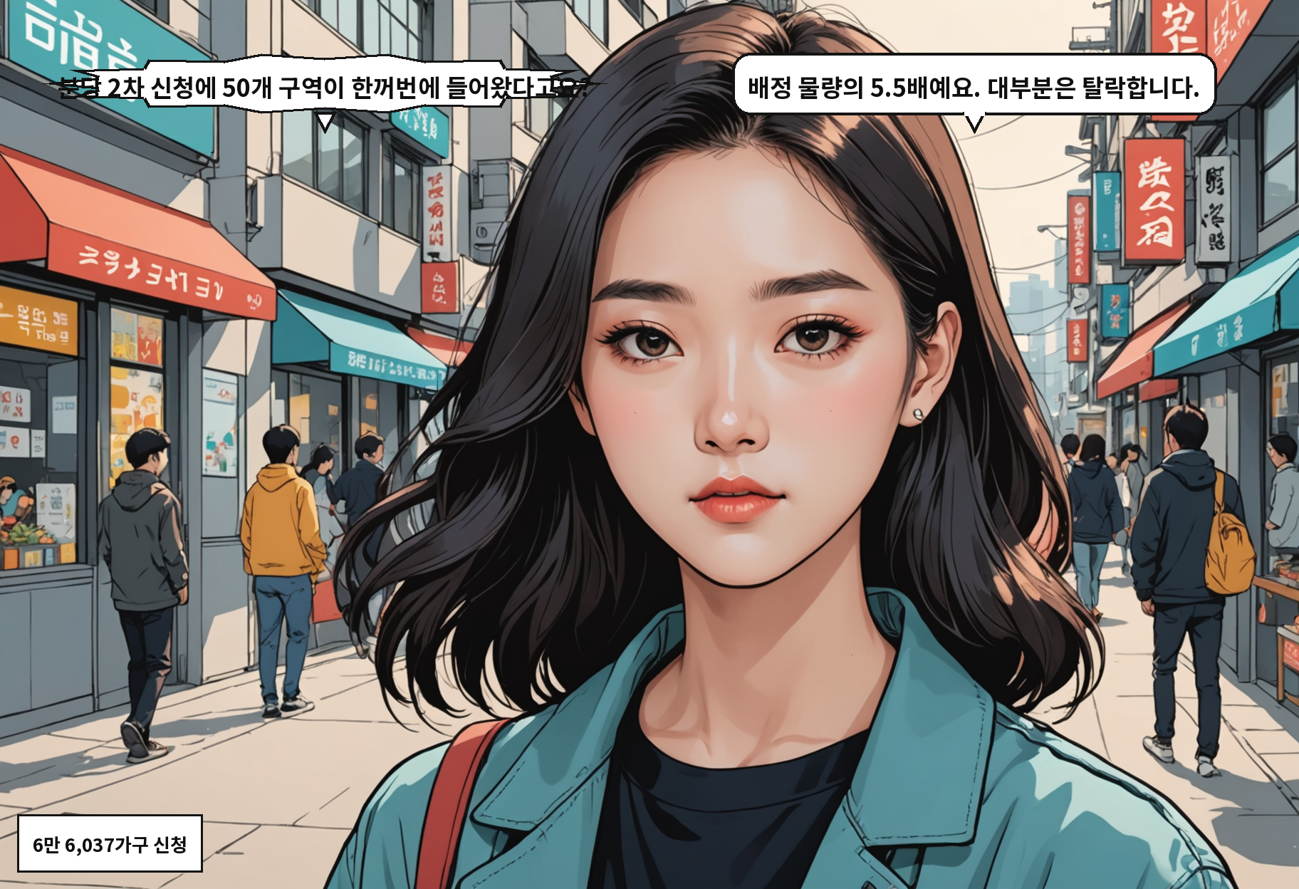 A: 분당 2차 신청에 50개 구역이 한꺼번에 들어왔다고요? B: 배정 물량의 5.5배예요. 대부분은 탈락합니다.