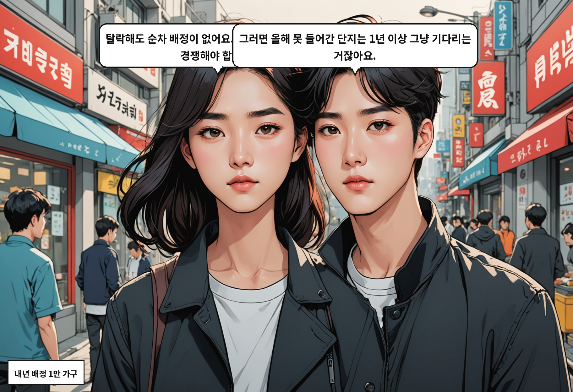 B: 탈락해도 순차 배정이 없어요. 내년에 다시 처음부터 경쟁해야 합니다. A: 그러면 올해 못 들어간 단지는 1년 이상 그냥 기다리는 거잖아요.