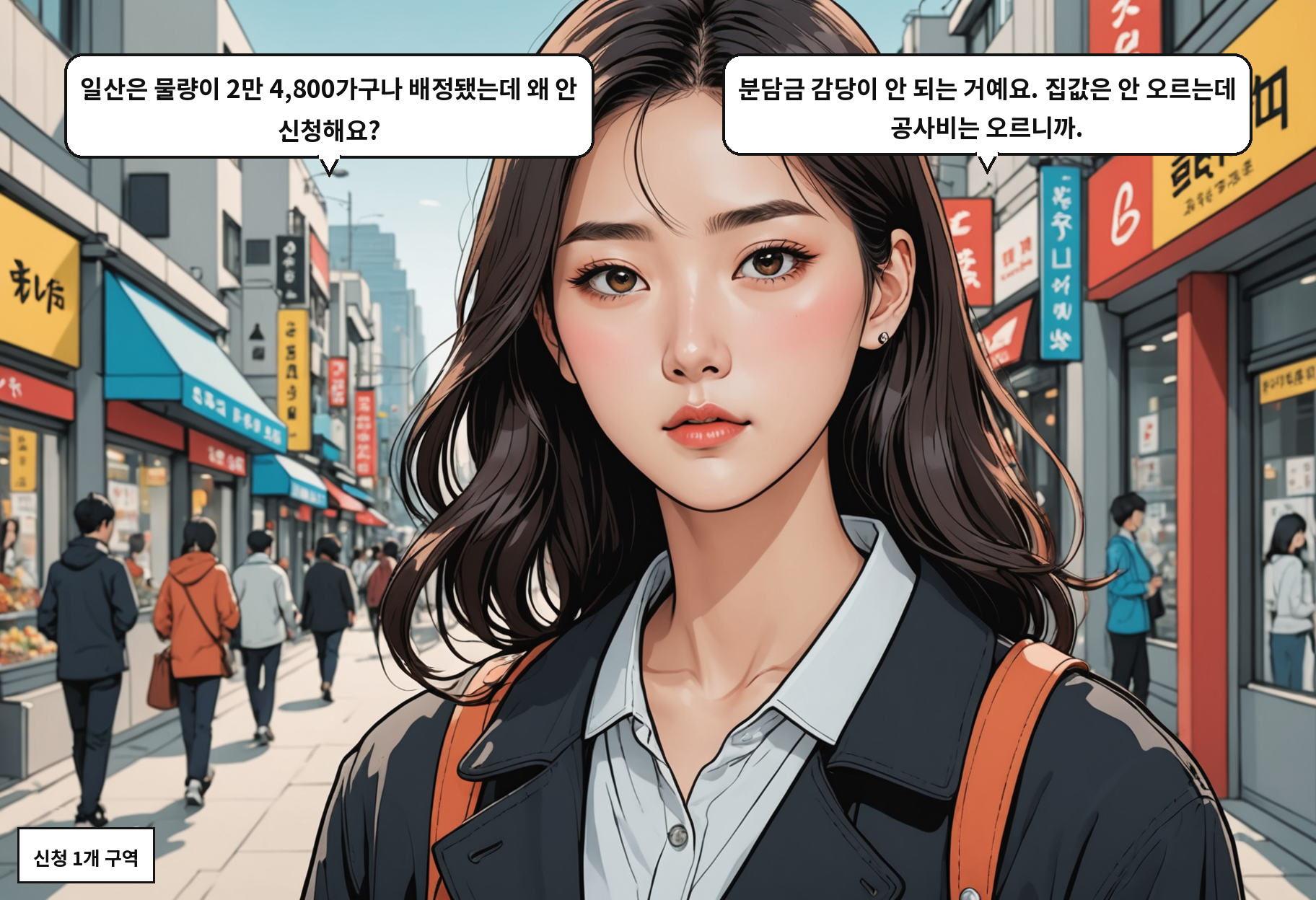 A: 일산은 물량이 2만 4,800가구나 배정됐는데 왜 안 신청해요? B: 분담금 감당이 안 되는 거예요. 집값은 안 오르는데 공사비는 오르니까.