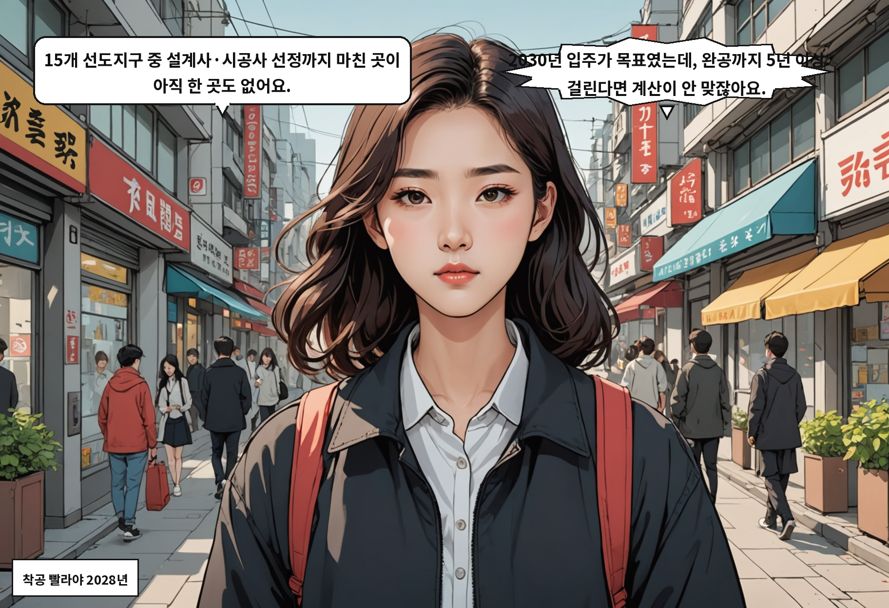 B: 15개 선도지구 중 설계사·시공사 선정까지 마친 곳이 아직 한 곳도 없어요. A: 2030년 입주가 목표였는데, 완공까지 5년 이상 걸린다면 계산이 안 맞잖아요.