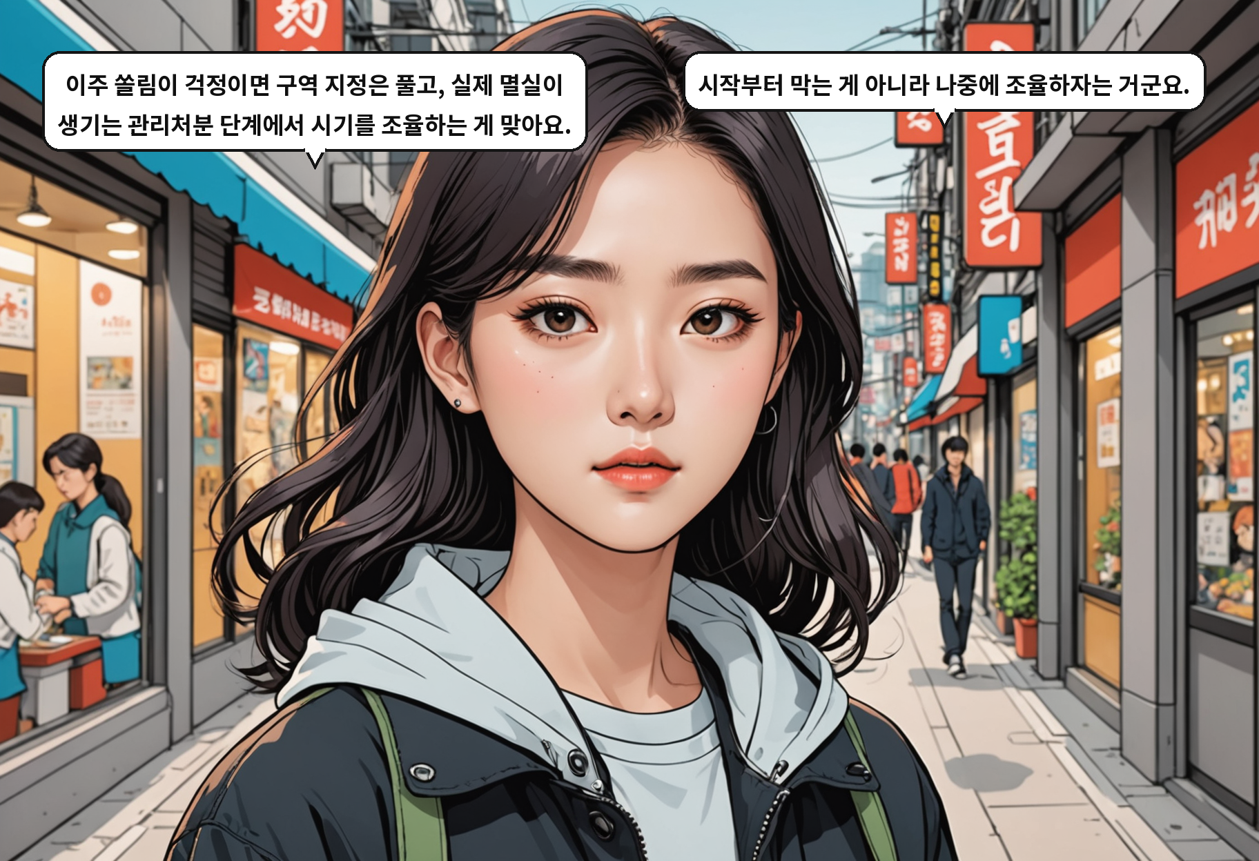 B: 이주 쏠림이 걱정이면 구역 지정은 풀고, 실제 멸실이 생기는 관리처분 단계에서 시기를 조율하는 게 맞아요. A: 시작부터 막는 게 아니라 나중에 조율하자는 거군요.