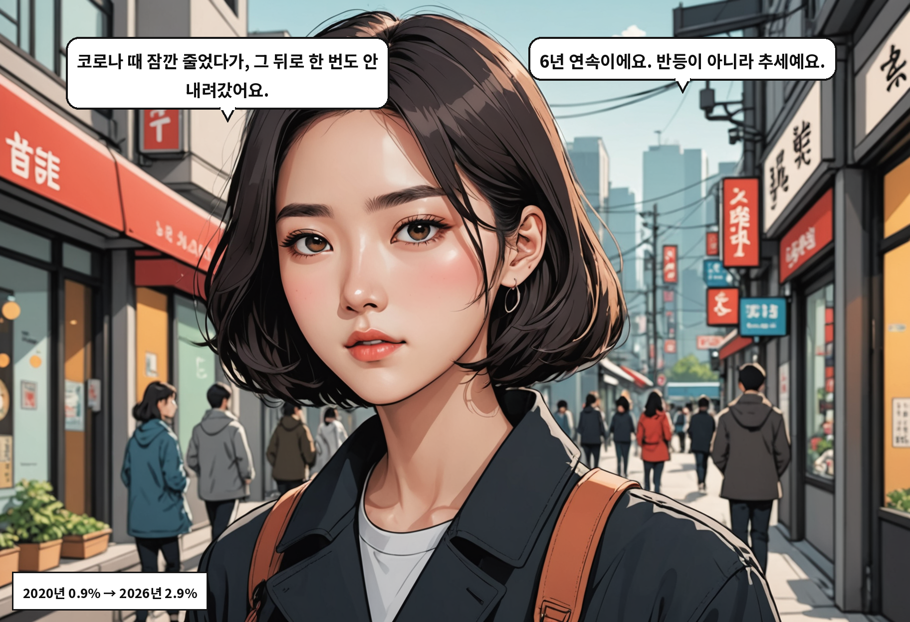 B: 코로나 때 잠깐 줄었다가 계속 오르는 거잖아요. A: 6년 연속이에요. 한 번도 안 내려갔어요.
