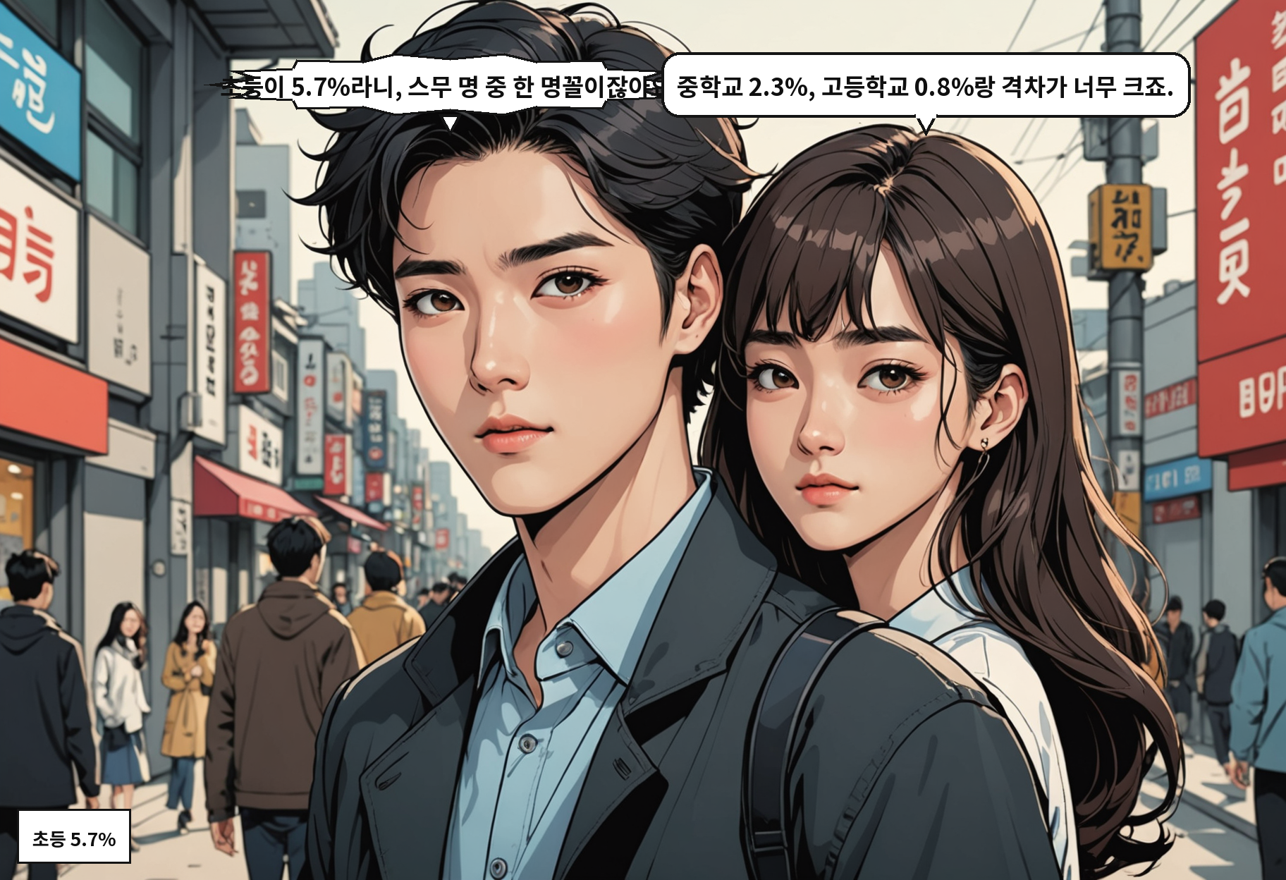 A: 중·고등학교보다 초등학교가 훨씬 높아요. 5.7%거든요. B: 헐, 초등학생이?!