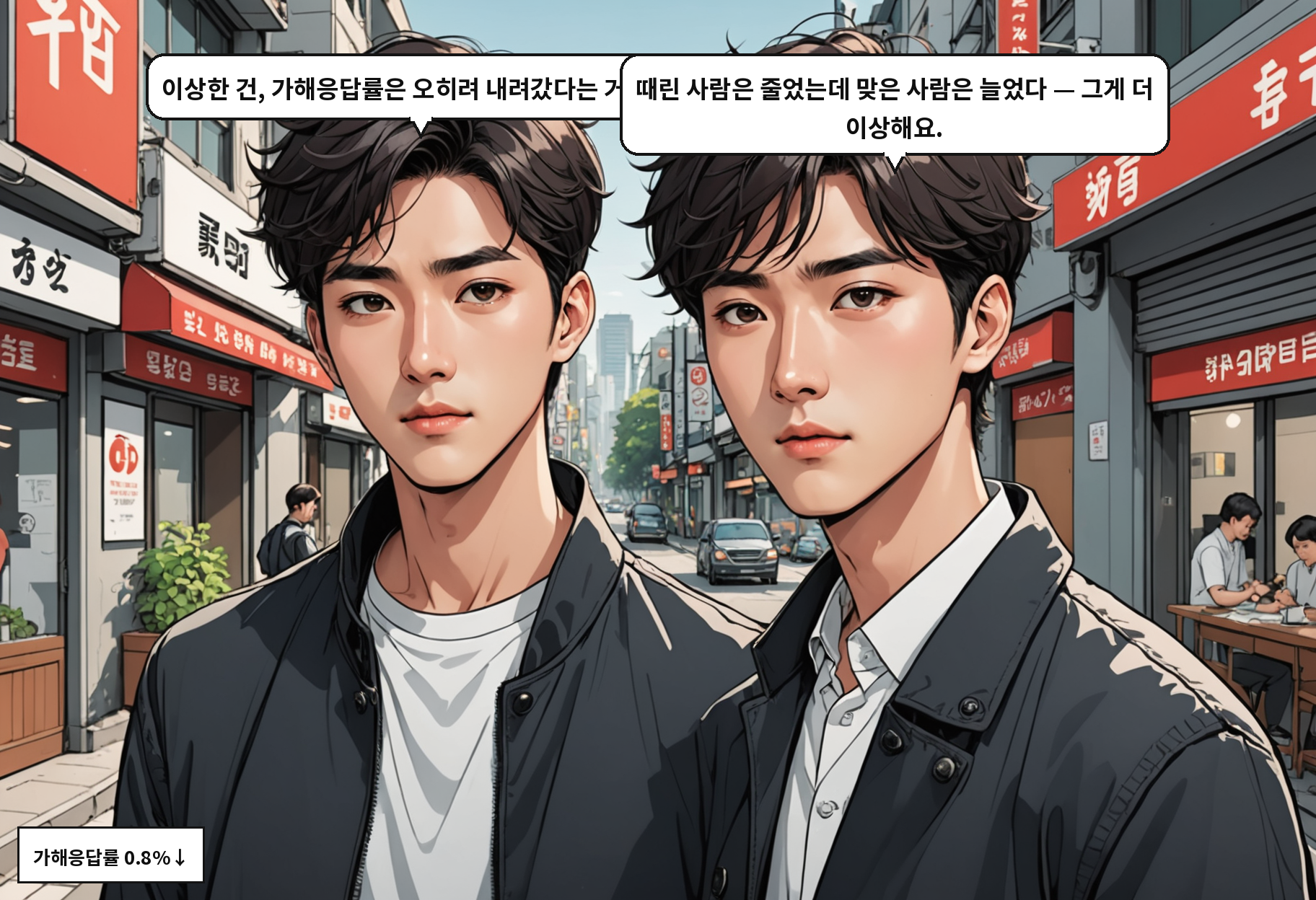 B: 가해응답률은 오히려 떨어졌다고요? A: 네. 피해는 느는데 가해는 준다 — 숫자가 안 맞죠.