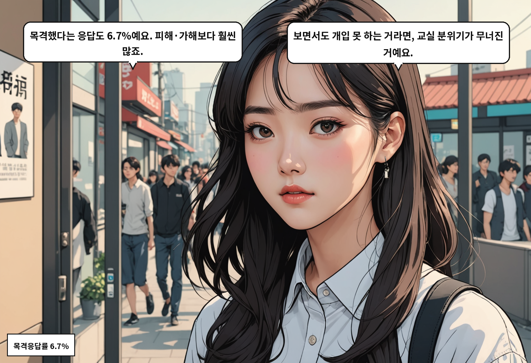 A: 목격했다는 학생은 6.7%예요. 피해 응답보다 두 배 넘어요. B: 보면서도 그냥 넘기는 게 아니라, 이제 폭력이라고 인식하는 거 아닐까요.