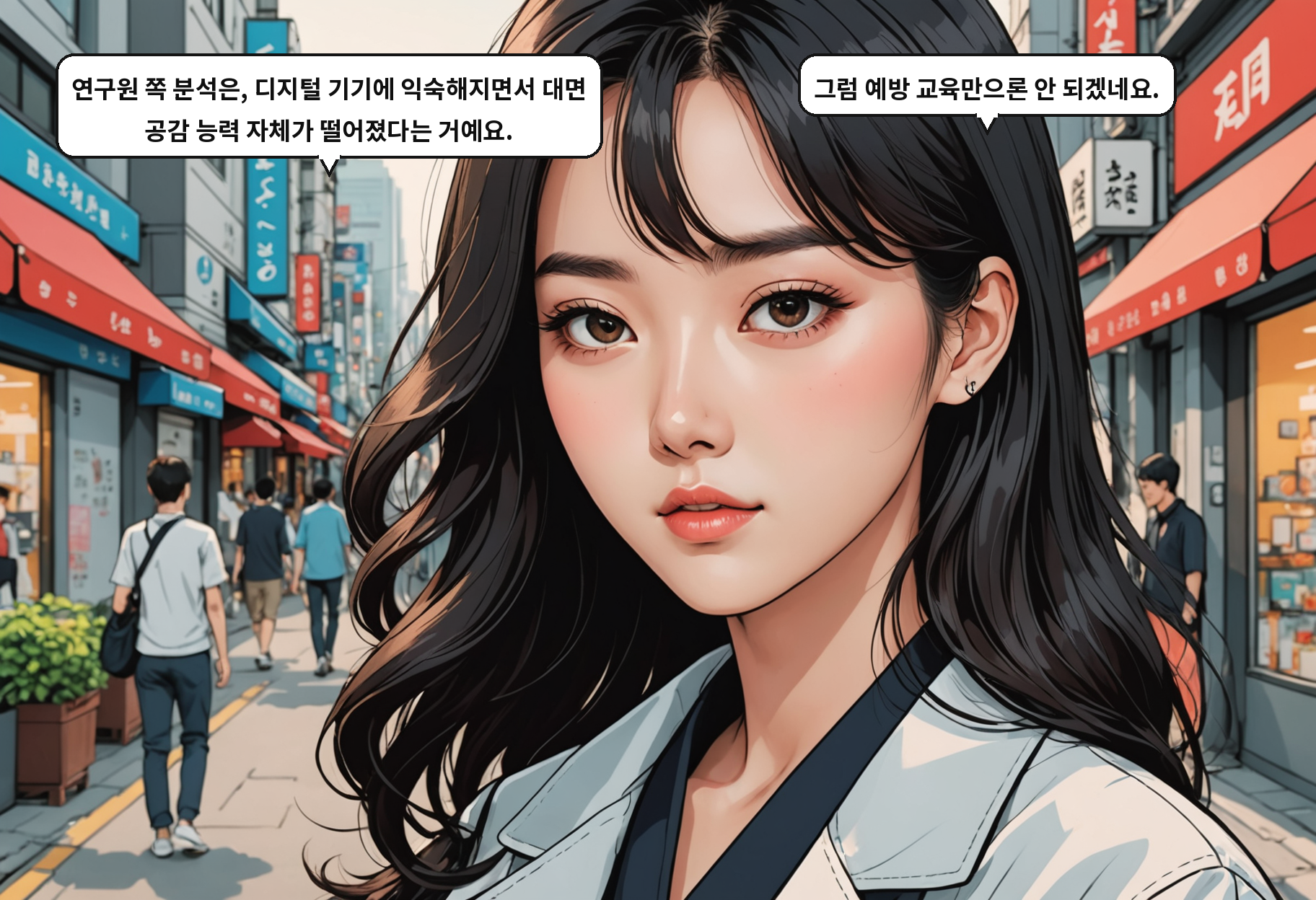 A: 연구원 분석이 디지털 기기 늘면서 직접 대면이 줄고 공감 역량이 떨어졌다는 거예요. B: 그게 교우 갈등을 폭력으로 번지게 한다는 거고요.