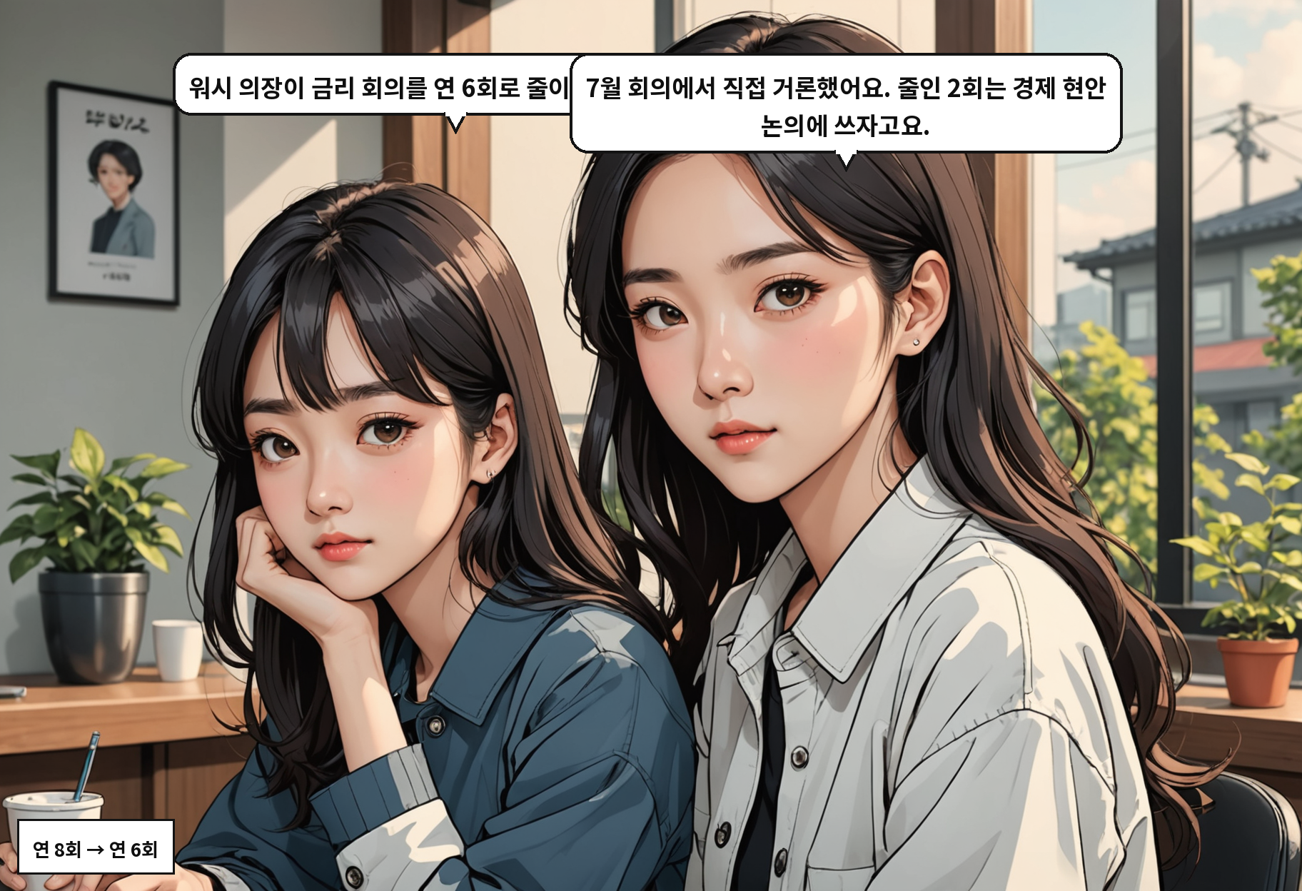A: 워시 의장이 금리 회의를 연 6회로 줄이자고 했다고요? B: 7월 회의에서 직접 거론했어요. 줄인 2회는 경제 현안 논의에 쓰자고요.