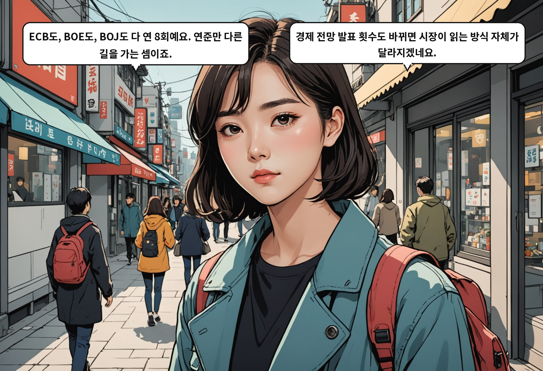 B: ECB도, BOE도, BOJ도 다 연 8회예요. 연준만 다른 길을 가는 셈이죠. A: 경제 전망 발표 횟수도 바뀌면 시장이 읽는 방식 자체가 달라지겠네요.