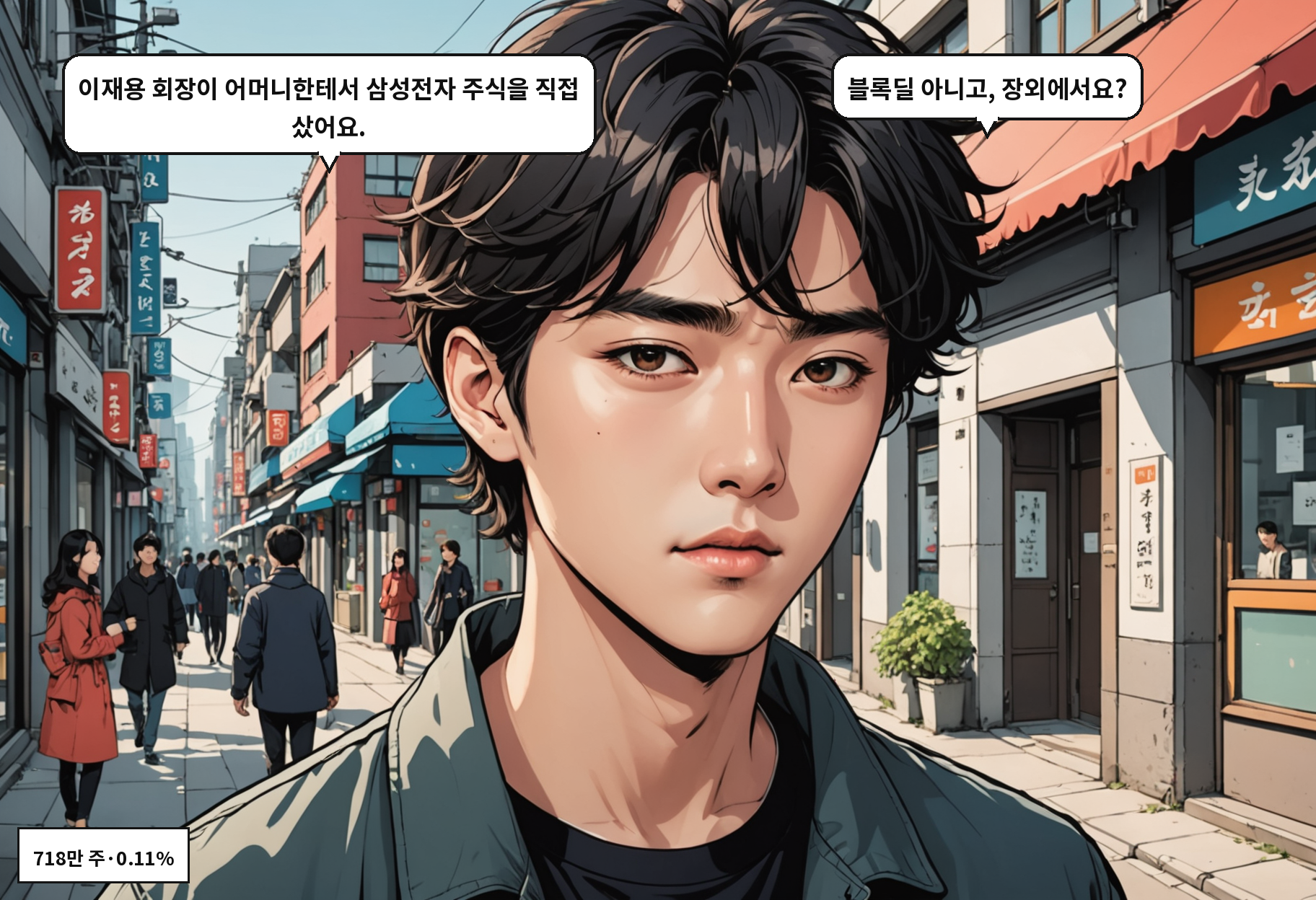 A: 이재용 회장이 어머니한테서 삼성전자 주식을 직접 샀어요. B: 블록딜 아니고, 장외에서요?