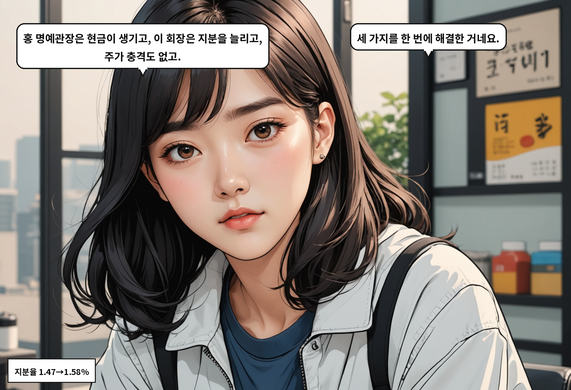 B: 홍 명예관장은 현금이 생기고, 이 회장은 지분을 늘리고, 주가 충격도 없고. A: 세 가지를 한 번에 해결한 거네요.