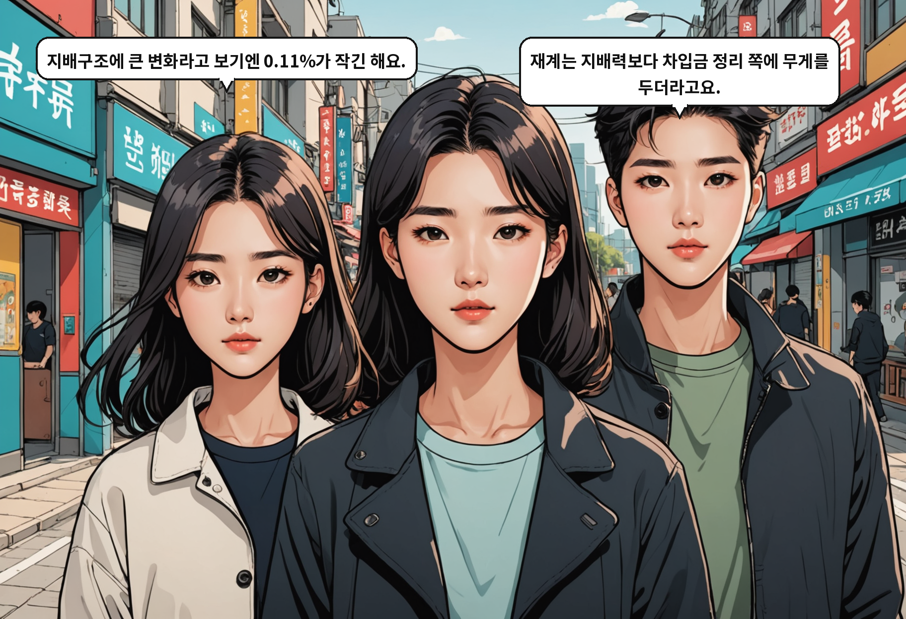 A: 지배구조에 큰 변화라고 보기엔 0.11%가 작긴 해요. B: 재계는 지배력보다 차입금 정리 쪽에 무게를 두더라고요.