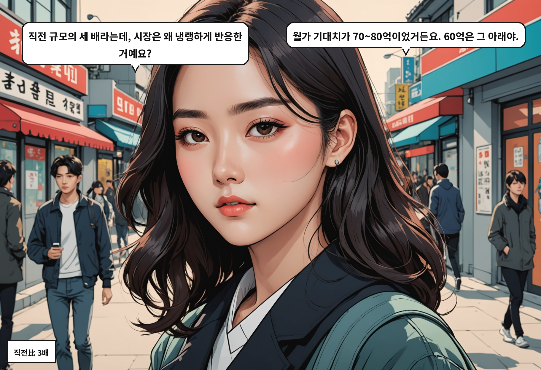 A: 직전 규모의 세 배라는데, 시장은 왜 냉랭하게 반응한 거예요? B: 월가 기대치가 70~80억이었거든요. 60억은 그 아래야.