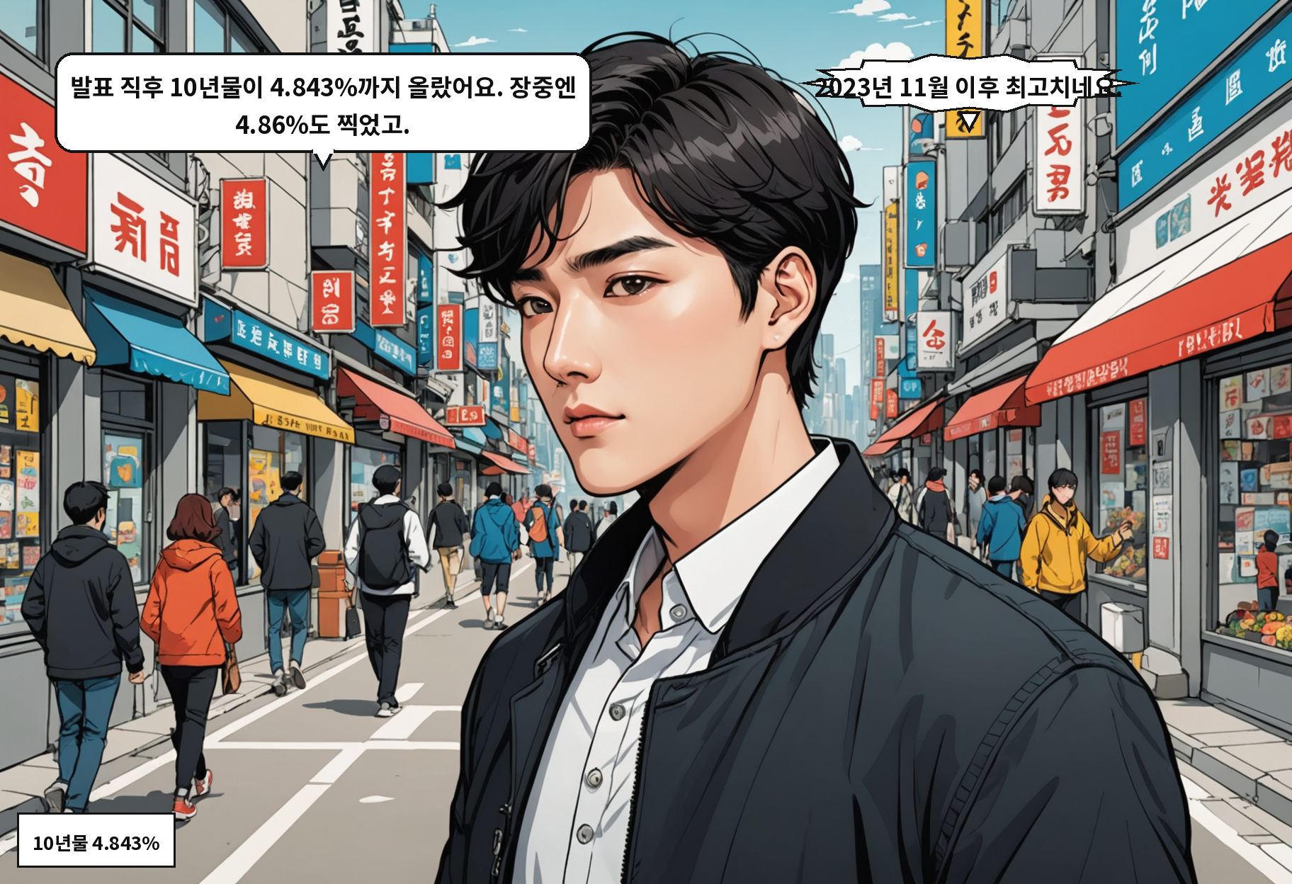 B: 발표 직후 10년물이 4.843%까지 올랐어요. 장중엔 4.86%도 찍었고. A: 2023년 11월 이후 최고치네요.