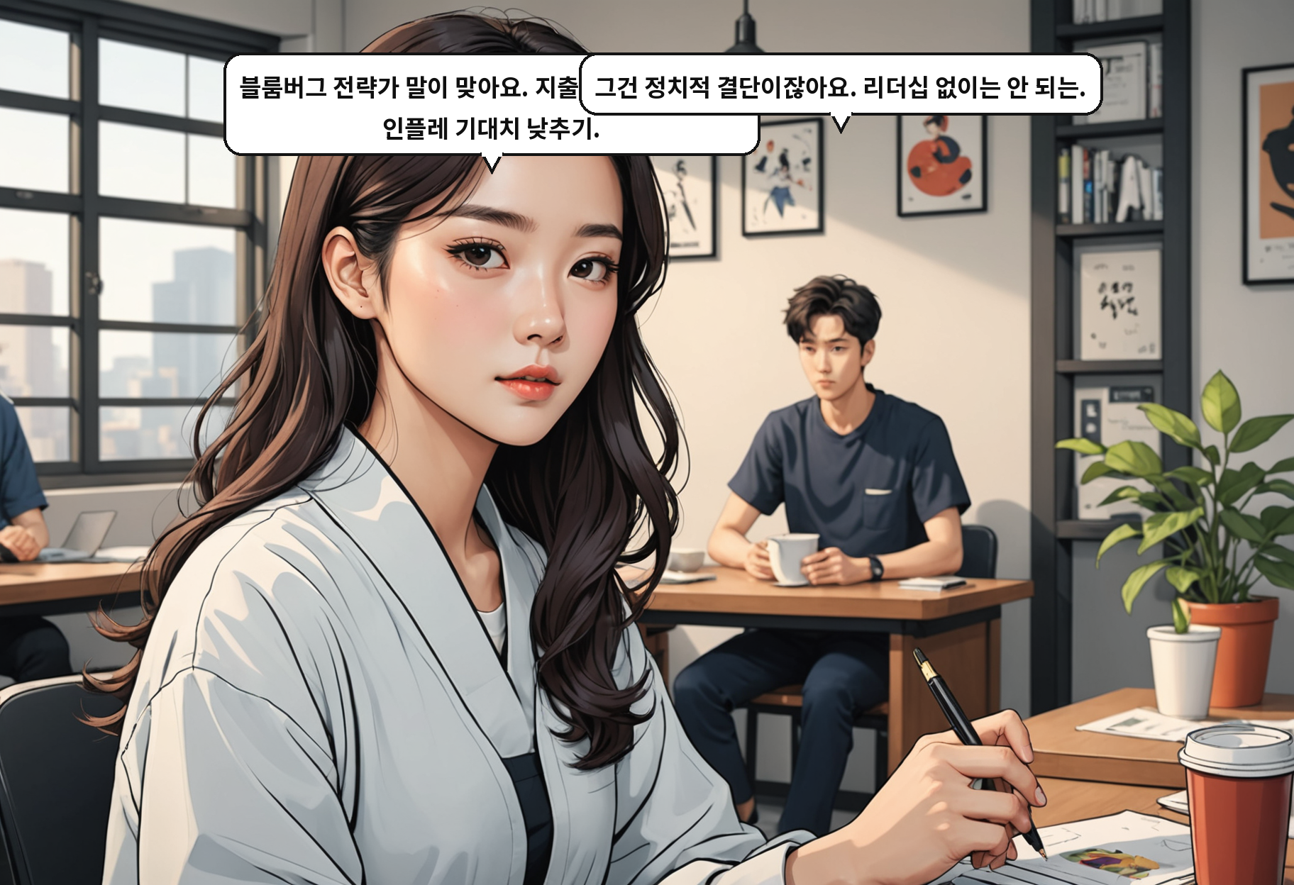 B: 블룸버그 전략가 말이 맞아요. 지출 삭감, 금리 인상, 인플레 기대치 낮추기. A: 그건 정치적 결단이잖아요. 리더십 없이는 안 되는.