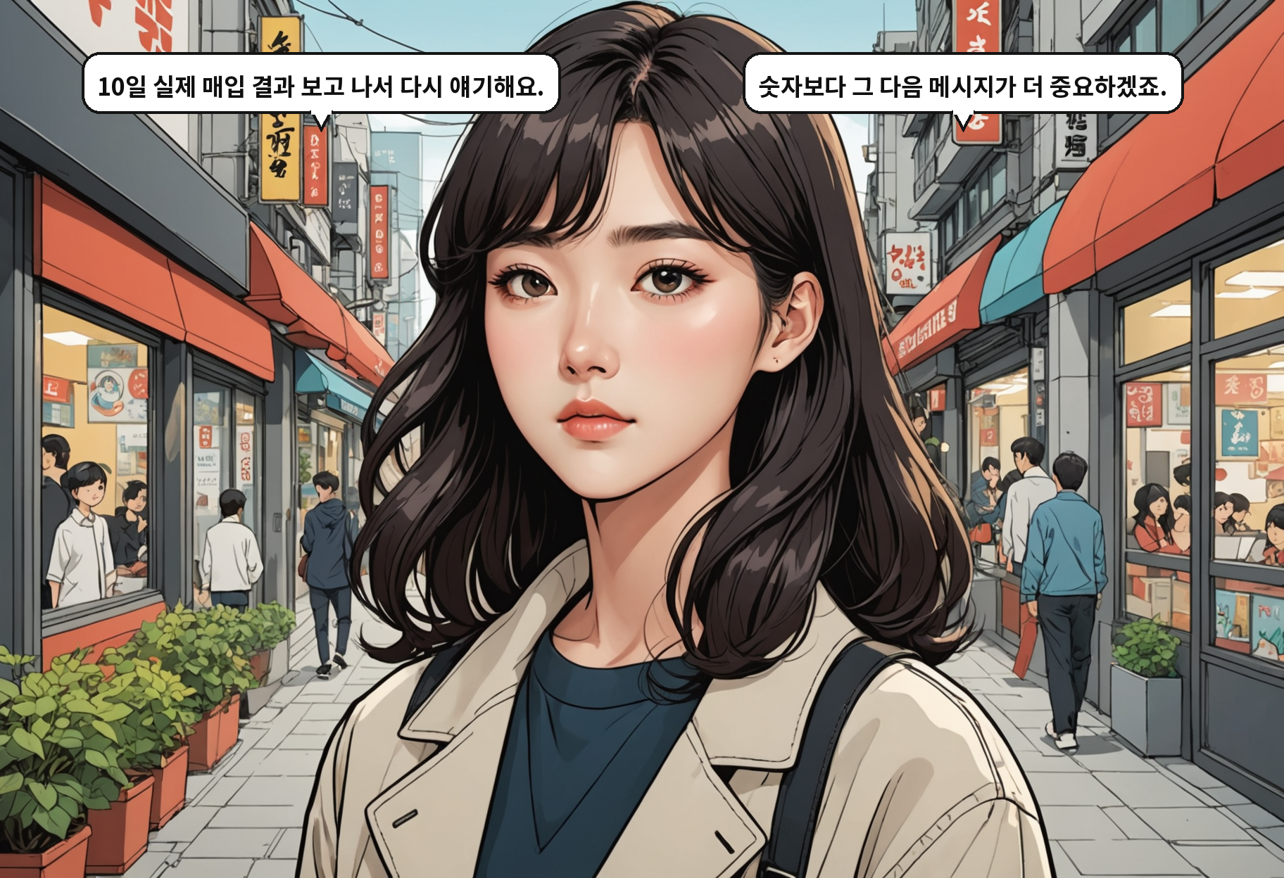 B: 10일 실제 매입 결과 보고 나서 다시 얘기해요. A: 숫자보다 그 다음 메시지가 더 중요하겠죠.