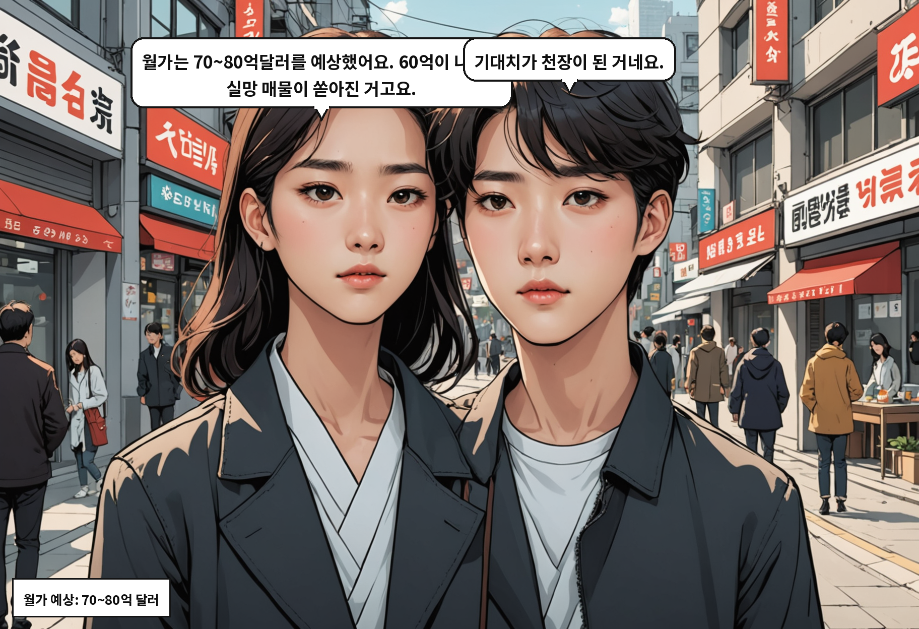 B: 월가는 70~80억달러를 예상했어요. 60억이 나오자 실망 매물이 쏟아진 거고요. A: 기대치가 천장이 된 거네요.