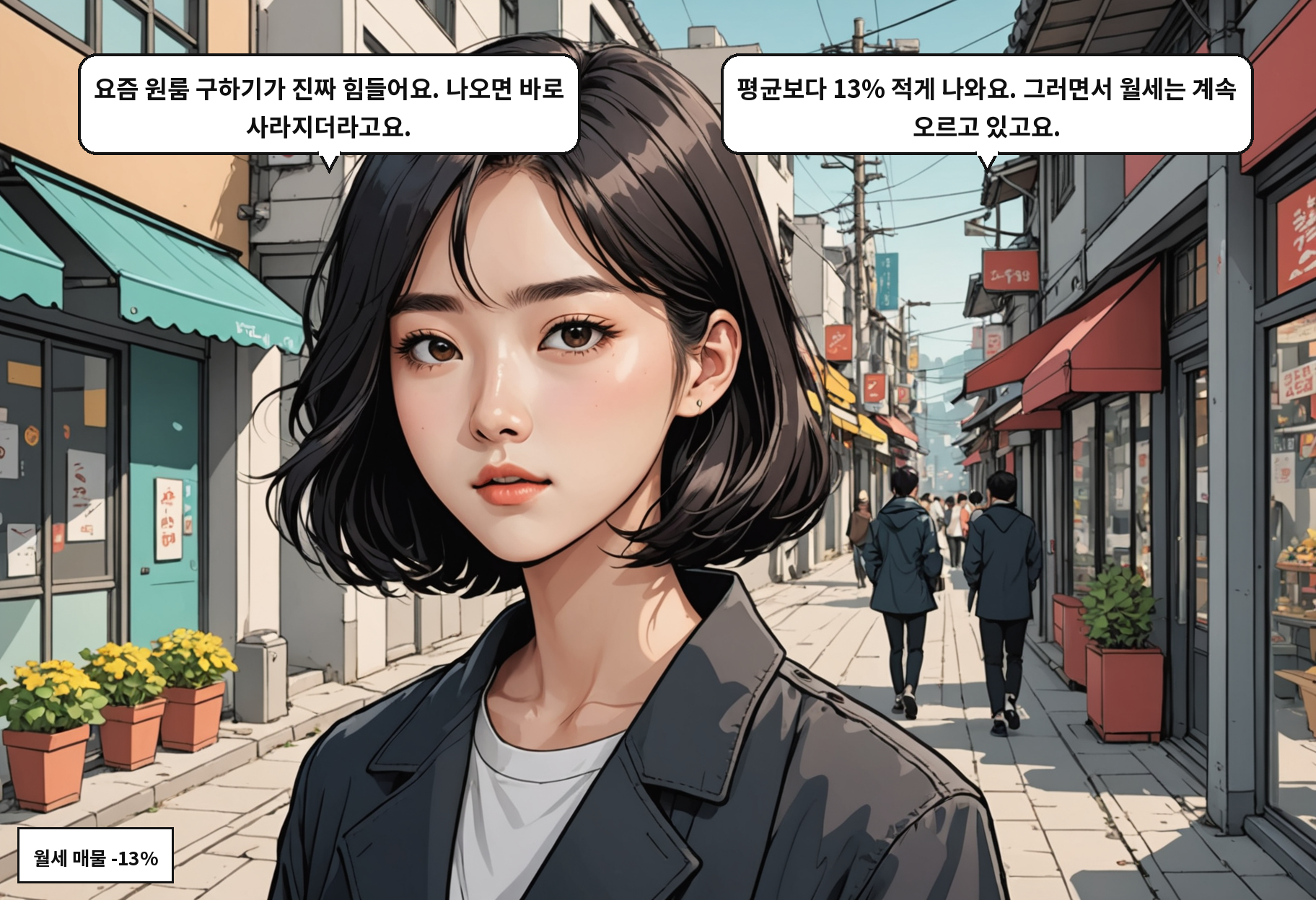 A: 요즘 원룸 구하기가 진짜 힘들어요. 나오면 바로 사라지더라고요. B: 평균보다 13% 적게 나와요. 그러면서 월세는 계속 오르고 있고요.