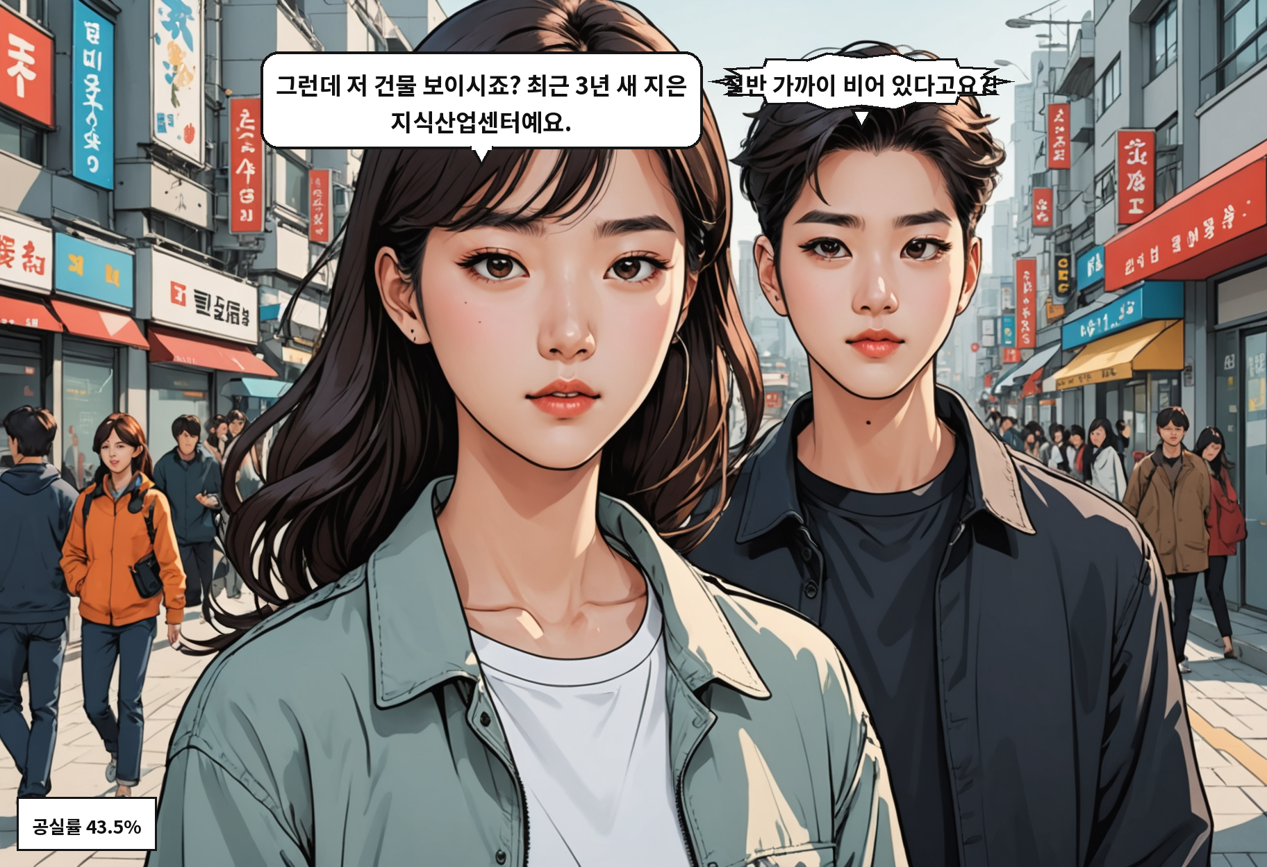 B: 그런데 저 건물 보이시죠? 최근 3년 새 지은 지식산업센터예요. A: 절반 가까이 비어 있다고요?!
