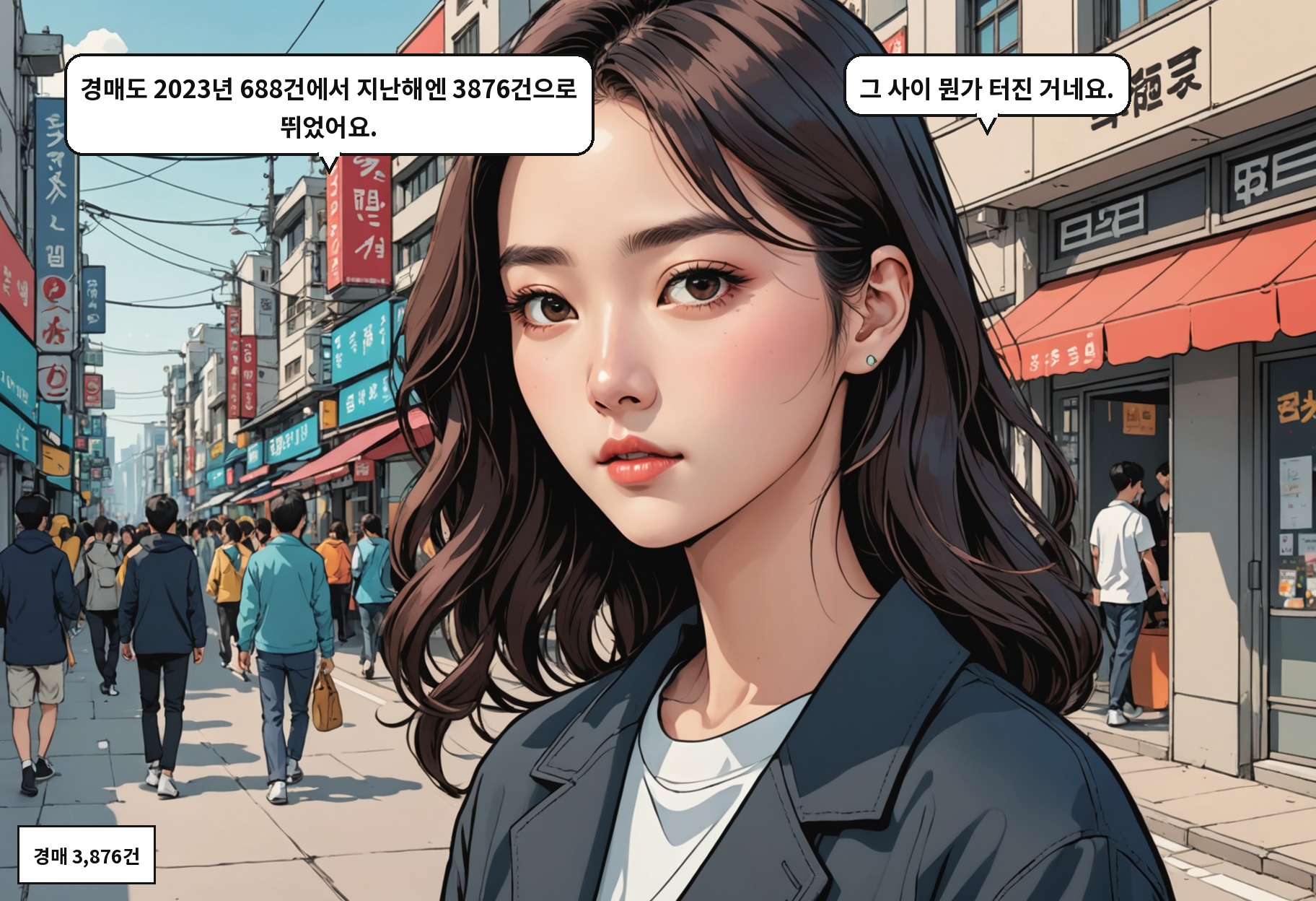 B: 경매도 2023년 688건에서 지난해엔 3876건으로 뛰었어요. A: 그 사이 뭔가 터진 거네요.