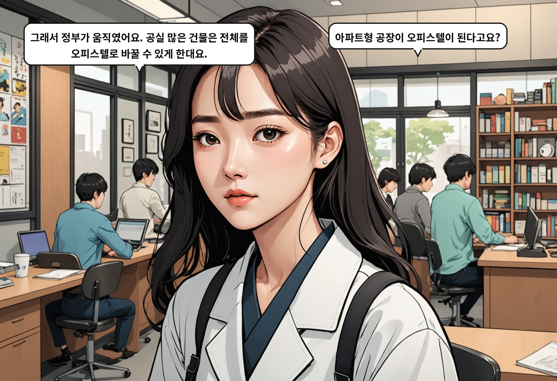 B: 그래서 정부가 움직였어요. 공실 많은 건물은 전체를 오피스텔로 바꿀 수 있게 한대요. A: 아파트형 공장이 오피스텔이 된다고요?