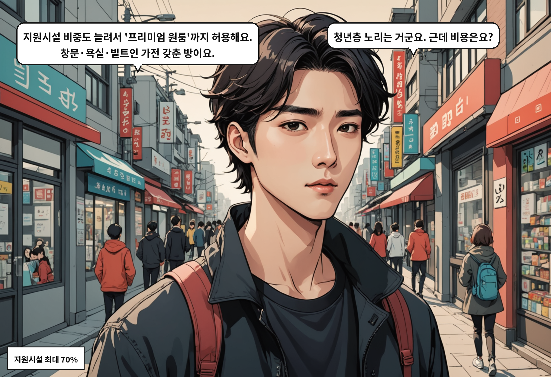 B: 지원시설 비중도 늘려서 '프리미엄 원룸'까지 허용해요. 창문·욕실·빌트인 가전 갖춘 방이요. A: 청년층 노리는 거군요. 근데 비용은요?