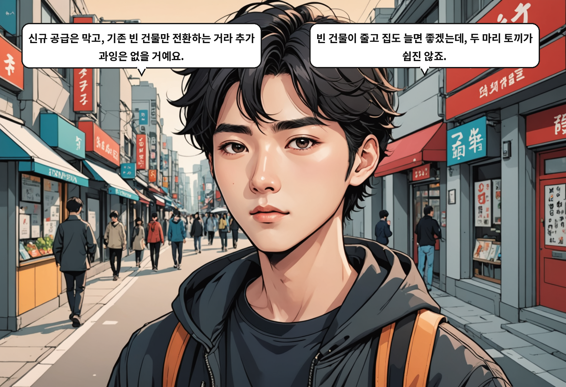 B: 신규 공급은 막고, 기존 빈 건물만 전환하는 거라 추가 과잉은 없을 거예요. A: 빈 건물이 줄고 집도 늘면 좋겠는데, 두 마리 토끼가 쉽진 않죠.