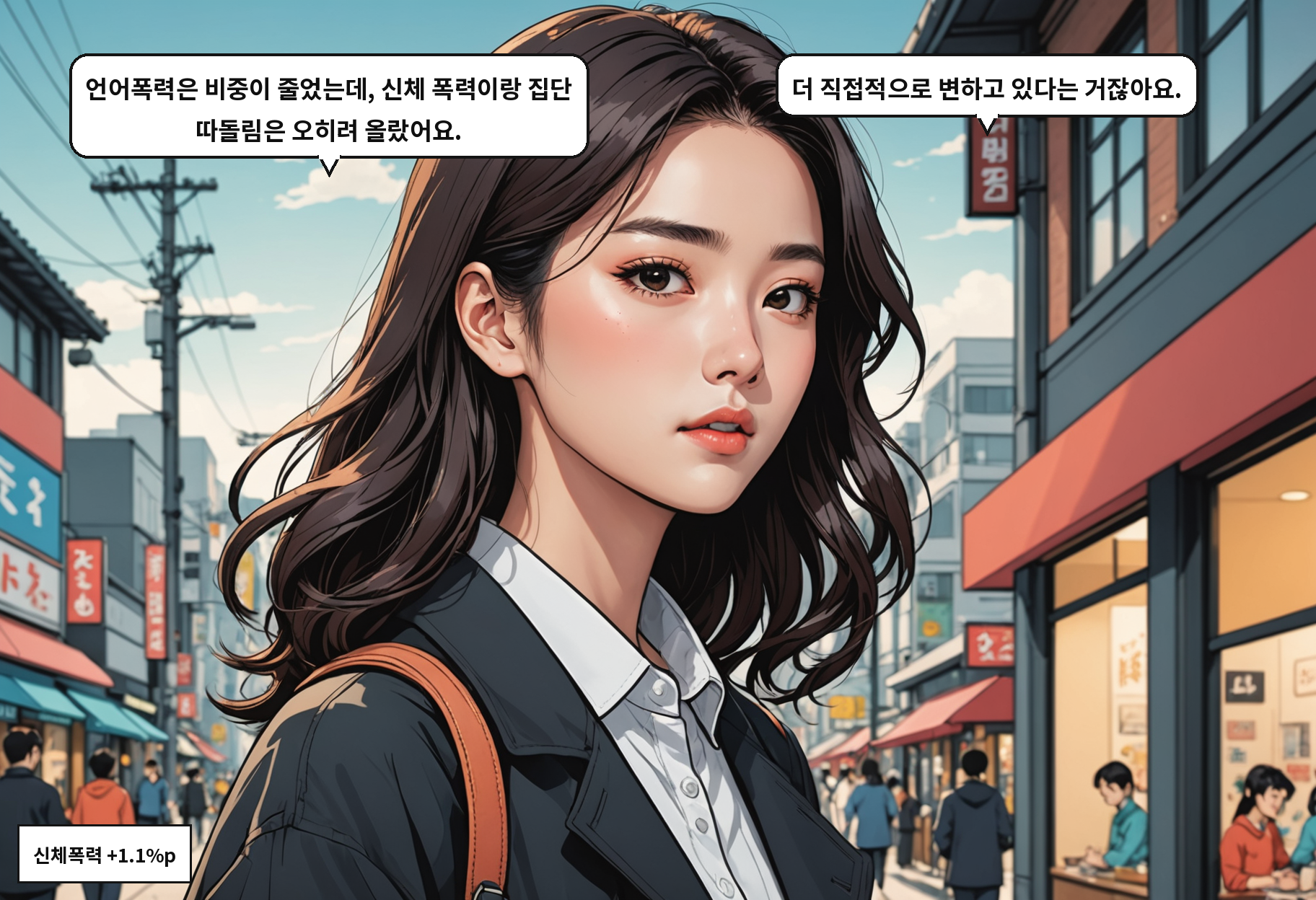 A: 언어폭력은 비중이 줄었는데, 신체 폭력이랑 집단 따돌림은 오히려 올랐어요. B: 더 직접적으로 변하고 있다는 거잖아요.