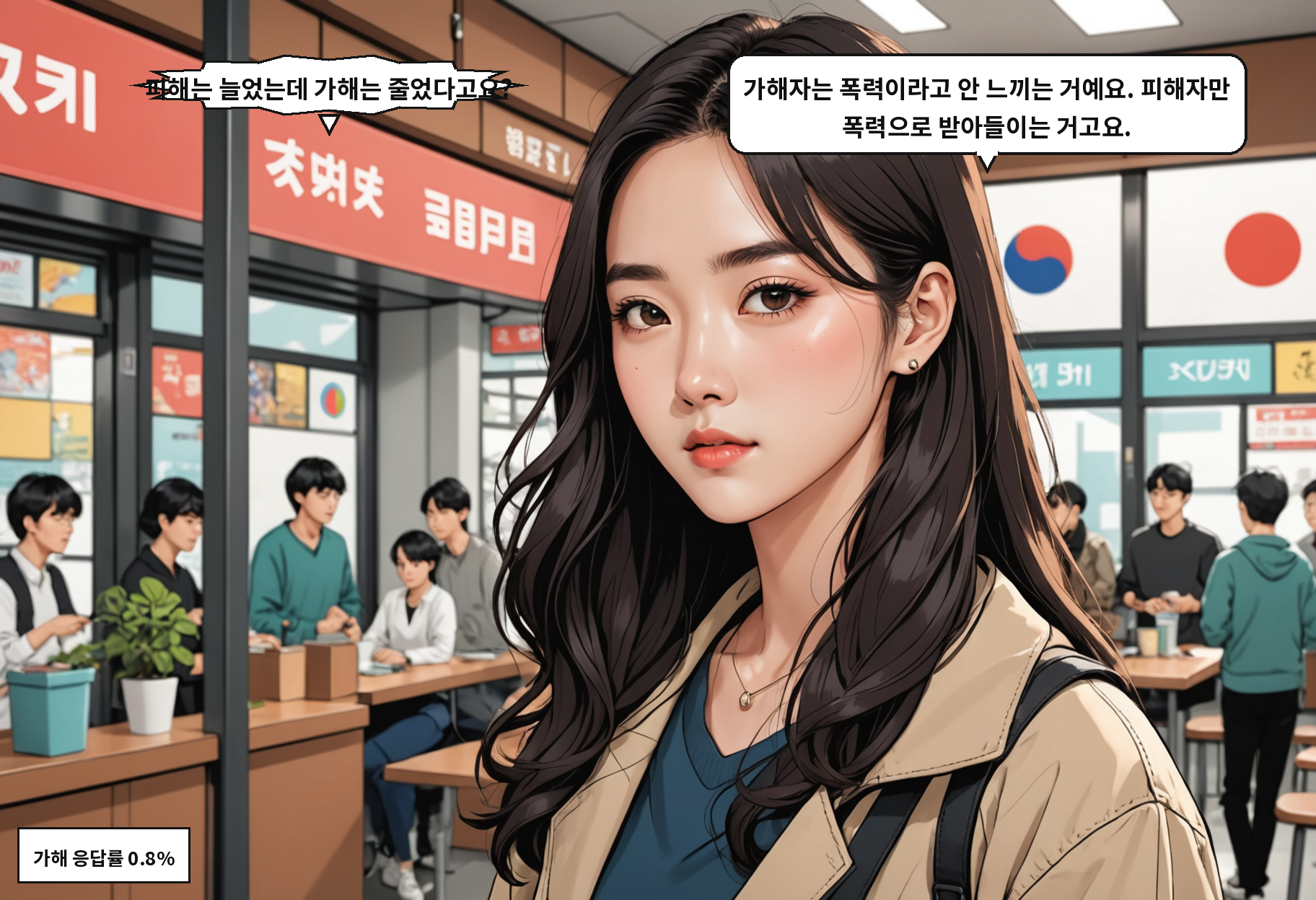 B: 피해는 늘었는데 가해는 줄었다고요? A: 가해자는 폭력이라고 안 느끼는 거예요. 피해자만 폭력으로 받아들이는 거고요.