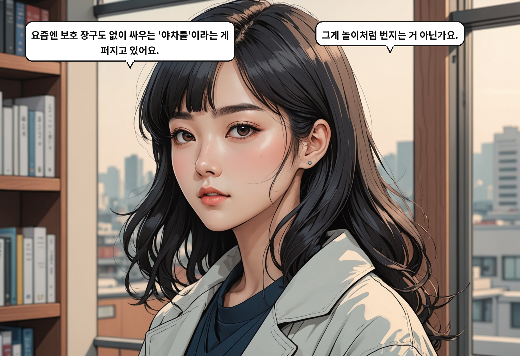 A: 요즘엔 보호 장구도 없이 싸우는 '야차룰'이라는 게 퍼지고 있어요. B: 그게 놀이처럼 번지는 거 아닌가요.