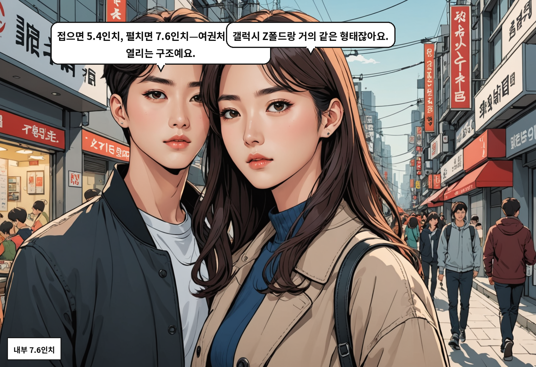 B: 접으면 5.4인치, 펼치면 7.6인치—여권처럼 가로로 열리는 구조예요. A: 갤럭시 Z폴드랑 거의 같은 형태잖아요.