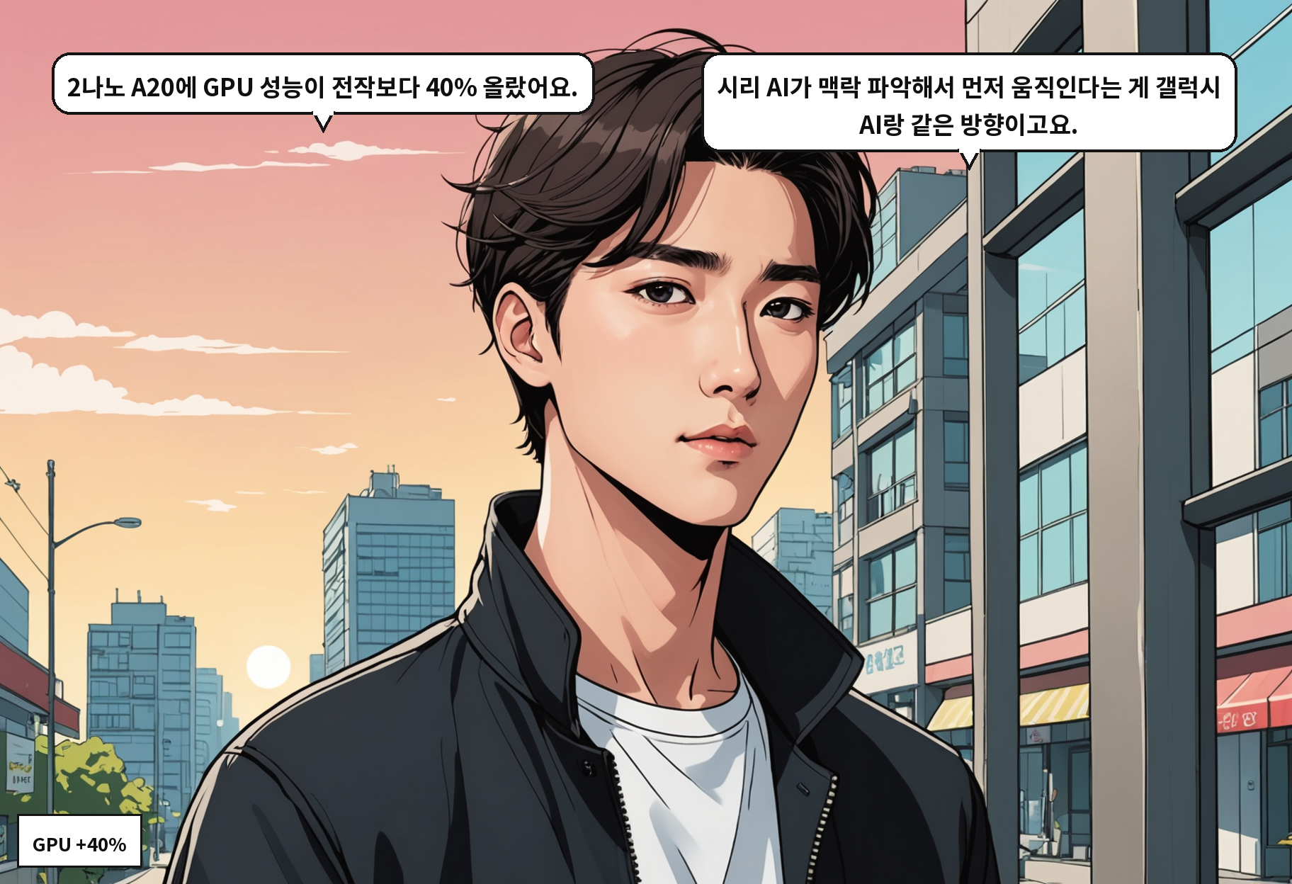 B: 2나노 A20에 GPU 성능이 전작보다 40% 올랐어요. A: 시리 AI가 맥락 파악해서 먼저 움직인다는 게 갤럭시 AI랑 같은 방향이고요.