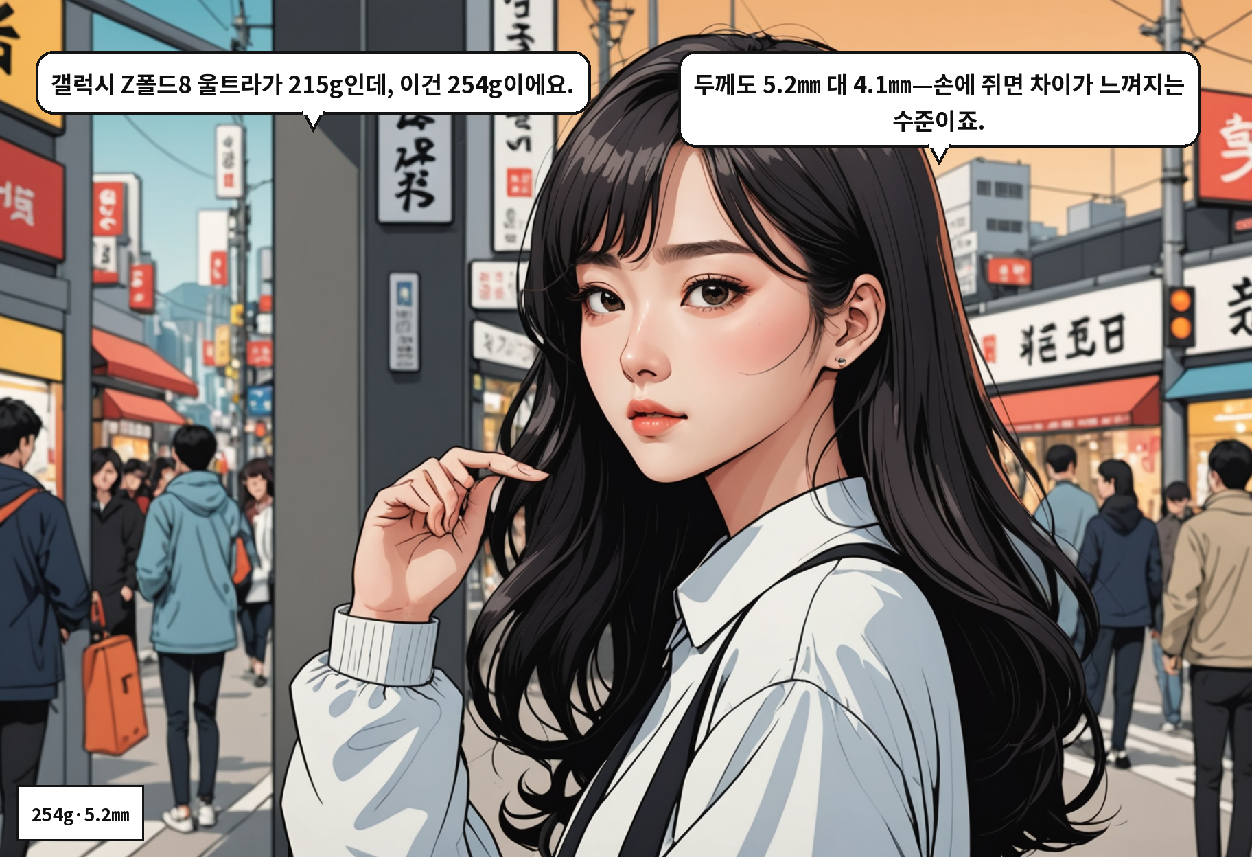 A: 갤럭시 Z폴드8 울트라가 215g인데, 이건 254g이에요. B: 두께도 5.2㎜ 대 4.1㎜—손에 쥐면 차이가 느껴지는 수준이죠.