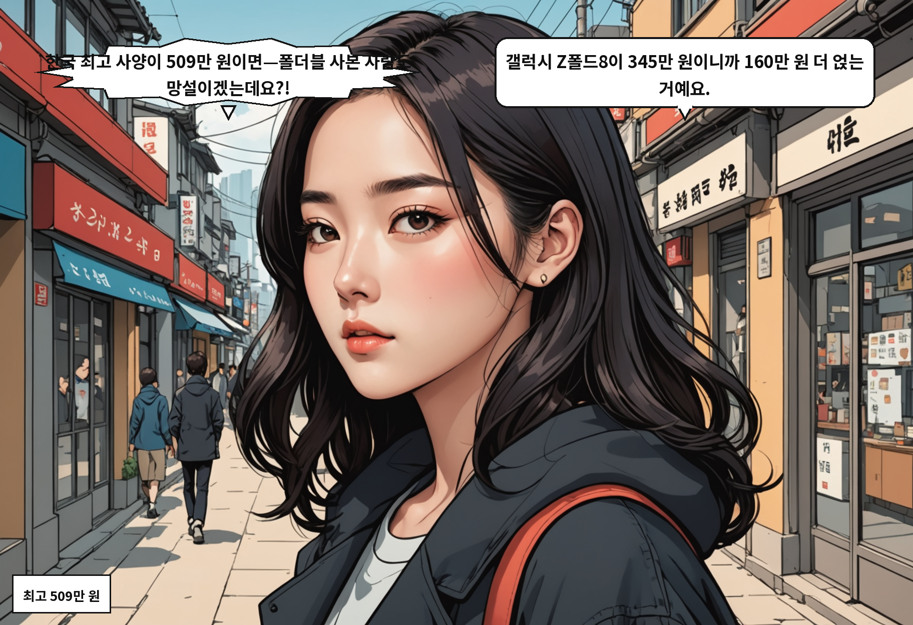 A: 한국 최고 사양이 509만 원이면—폴더블 사본 사람도 망설이겠는데요?! B: 갤럭시 Z폴드8이 345만 원이니까 160만 원 더 얹는 거예요.