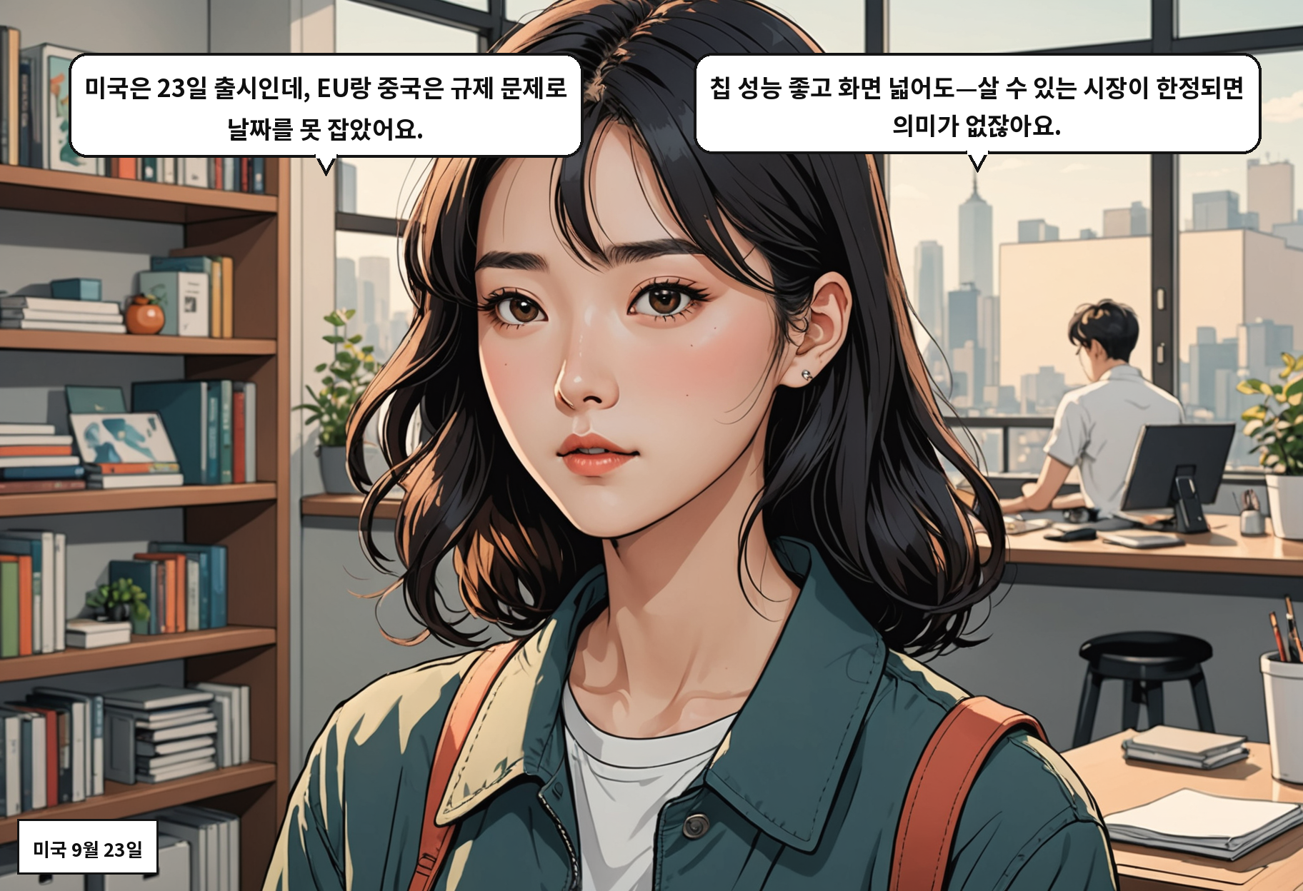 B: 미국은 23일 출시인데, EU랑 중국은 규제 문제로 날짜를 못 잡았어요. A: 칩 성능 좋고 화면 넓어도—살 수 있는 시장이 한정되면 의미가 없잖아요.