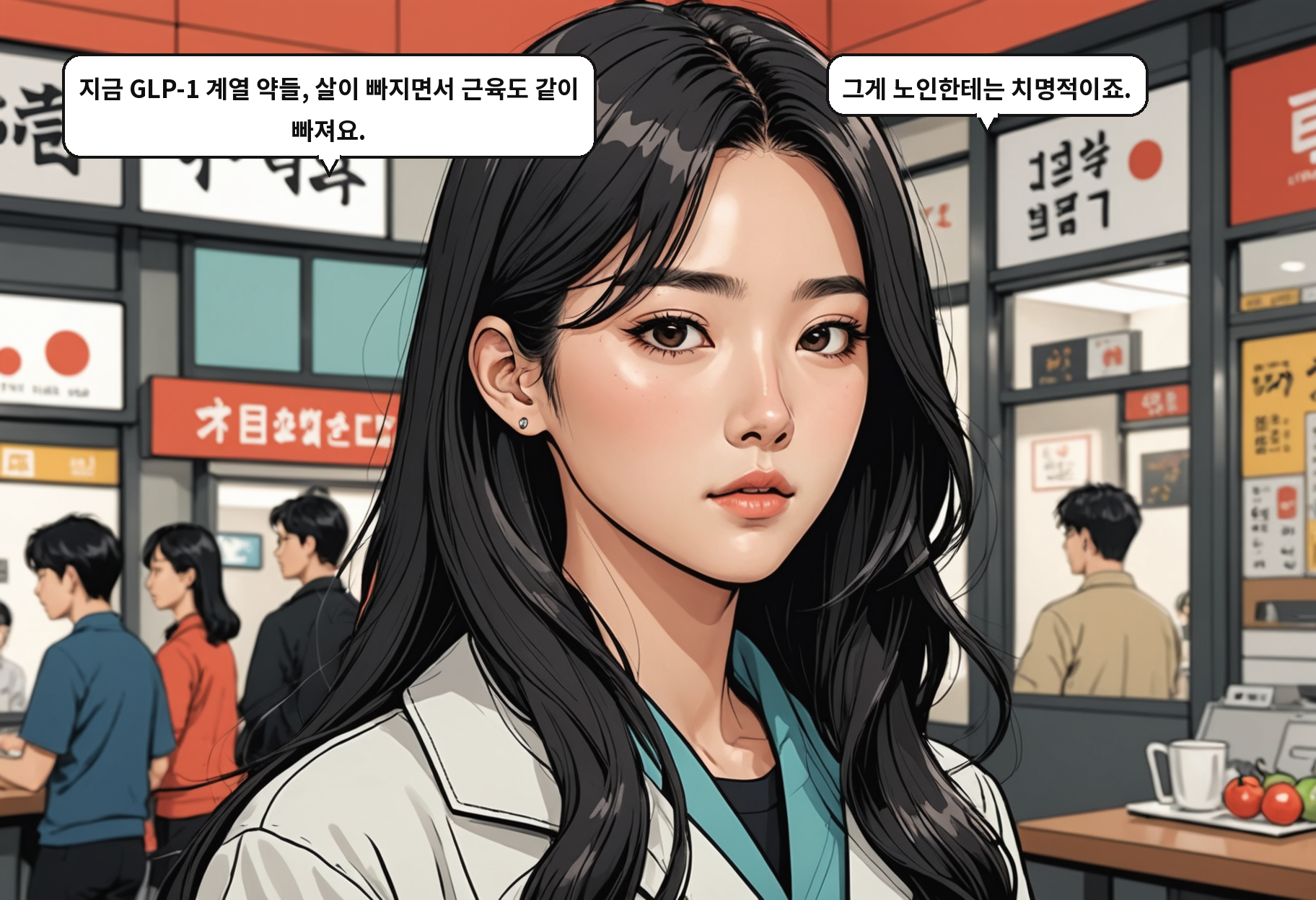 B: 지금 GLP-1 계열 약들, 살이 빠지면서 근육도 같이 빠져요. A: 그게 노인한테는 치명적이죠.