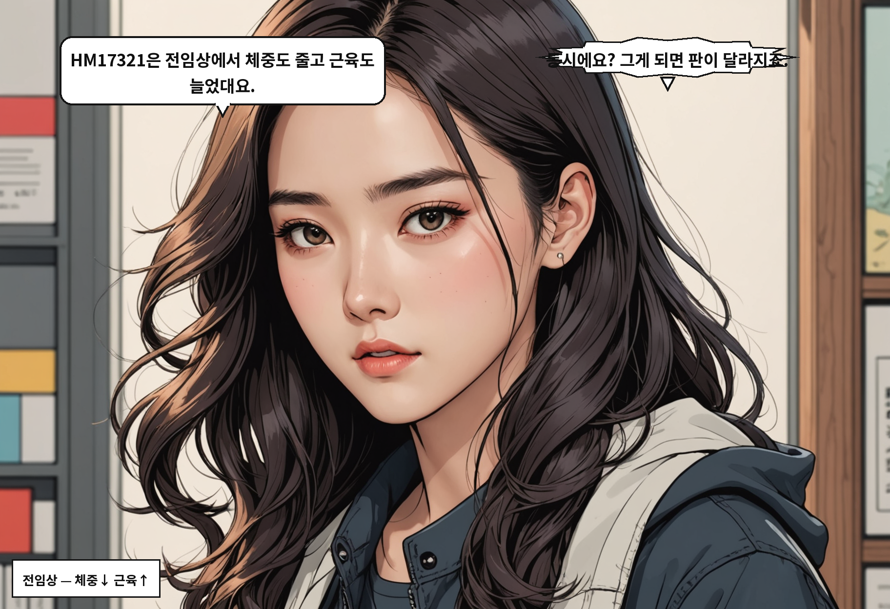 A: HM17321은 전임상에서 체중도 줄고 근육도 늘었대요. B: 동시에요? 그게 되면 판이 달라지죠.