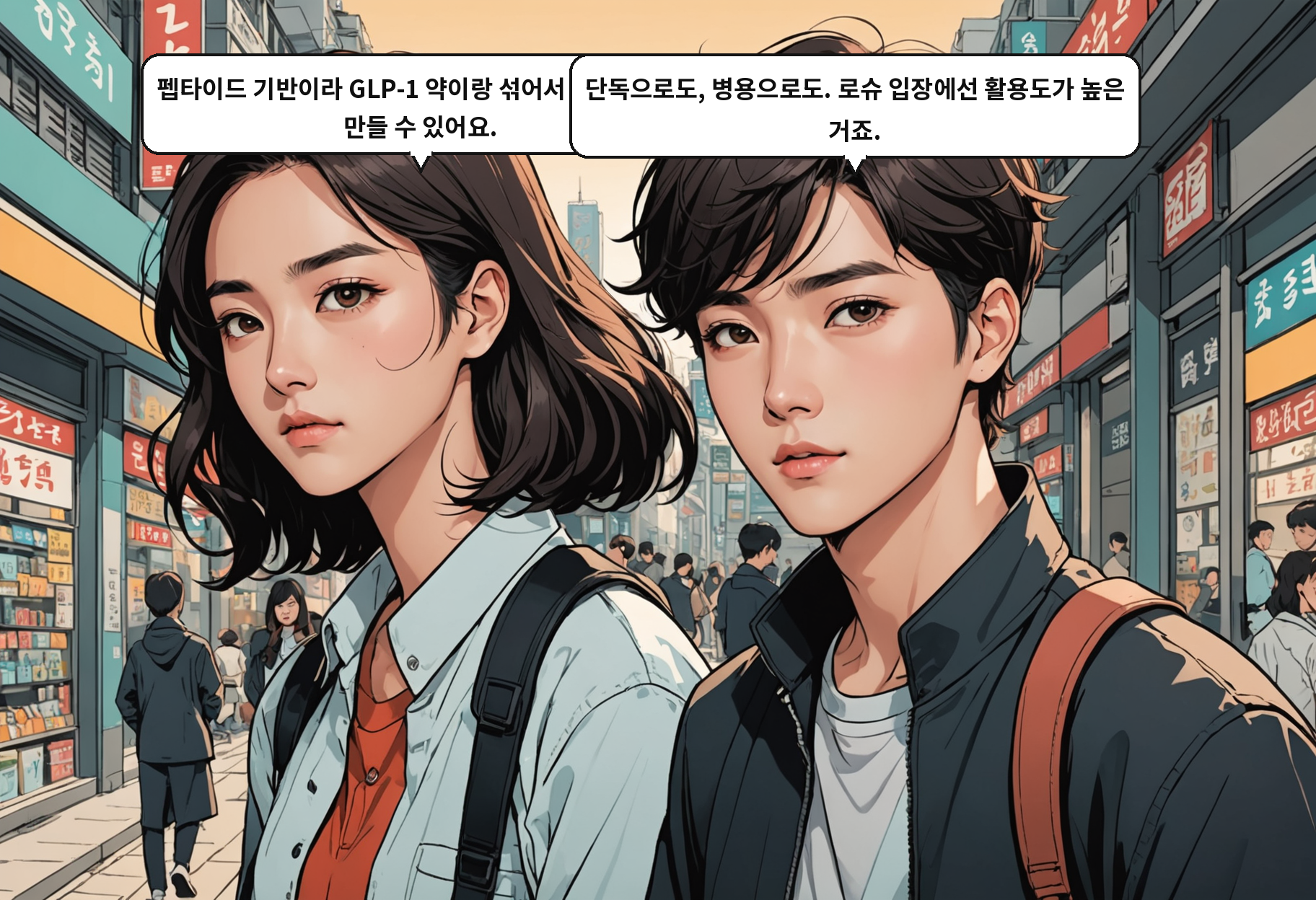 A: 펩타이드 기반이라 GLP-1 약이랑 섞어서 복합제로도 만들 수 있어요. B: 단독으로도, 병용으로도. 로슈 입장에선 활용도가 높은 거죠.