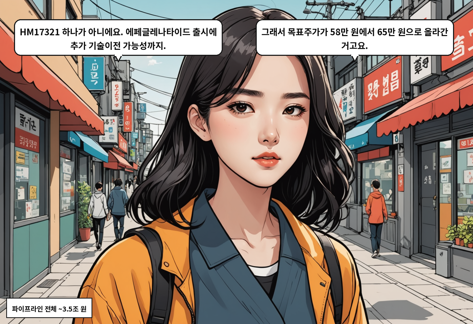 B: HM17321 하나가 아니에요. 에페글레나타이드 출시에 추가 기술이전 가능성까지. A: 그래서 목표주가가 58만 원에서 65만 원으로 올라간 거고요.