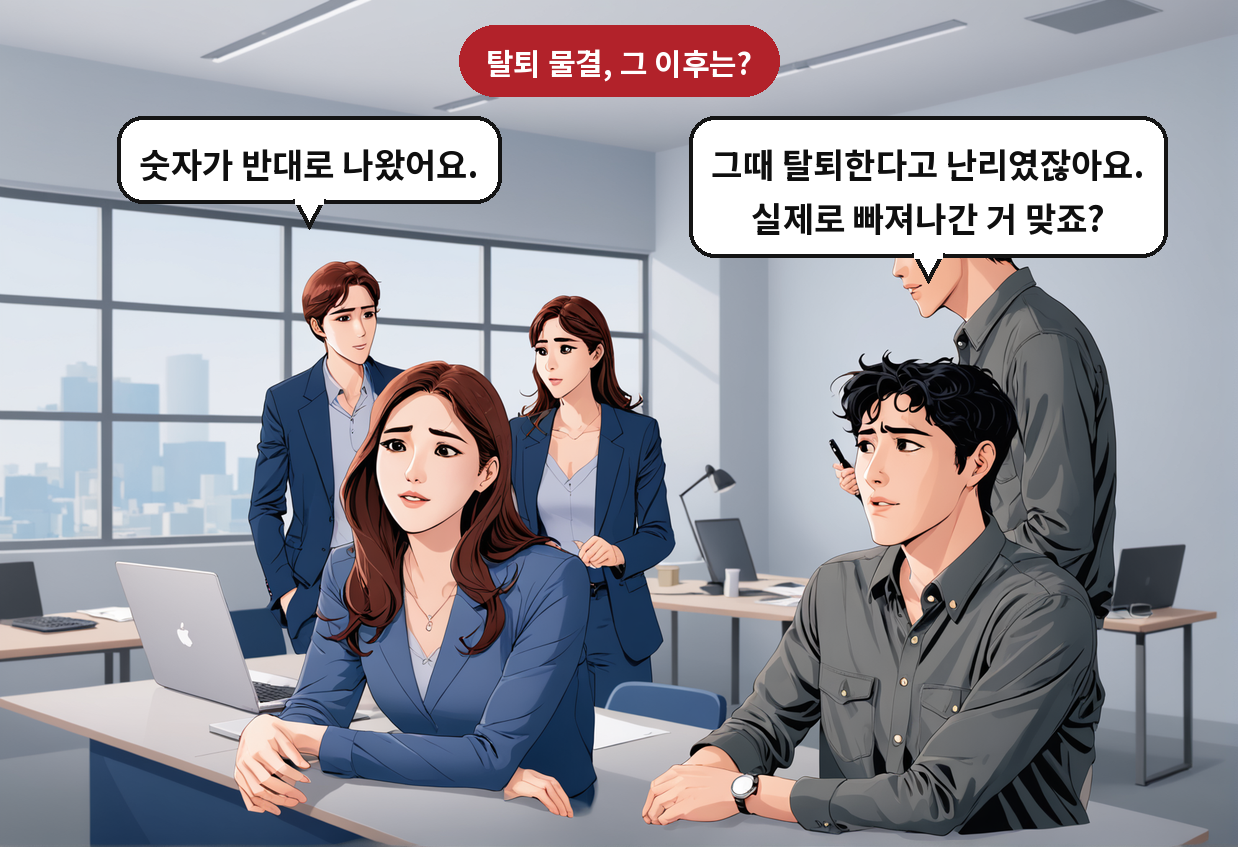 A: 그때 탈퇴한다고 난리였잖아요. 실제로 빠져나간 거 맞죠? B: 숫자가 반대로 나왔어요.
