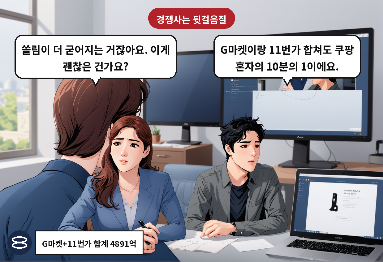 B: G마켓이랑 11번가 합쳐도 쿠팡 혼자의 10분의 1이에요. A: 쏠림이 더 굳어지는 거잖아요. 이게 괜찮은 건가요?