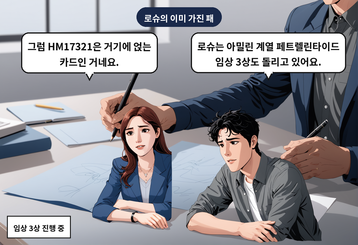 A: 로슈는 아밀린 계열 페트렐린타이드 임상 3상도 돌리고 있어요. B: 그럼 HM17321은 거기에 얹는 카드인 거네요.