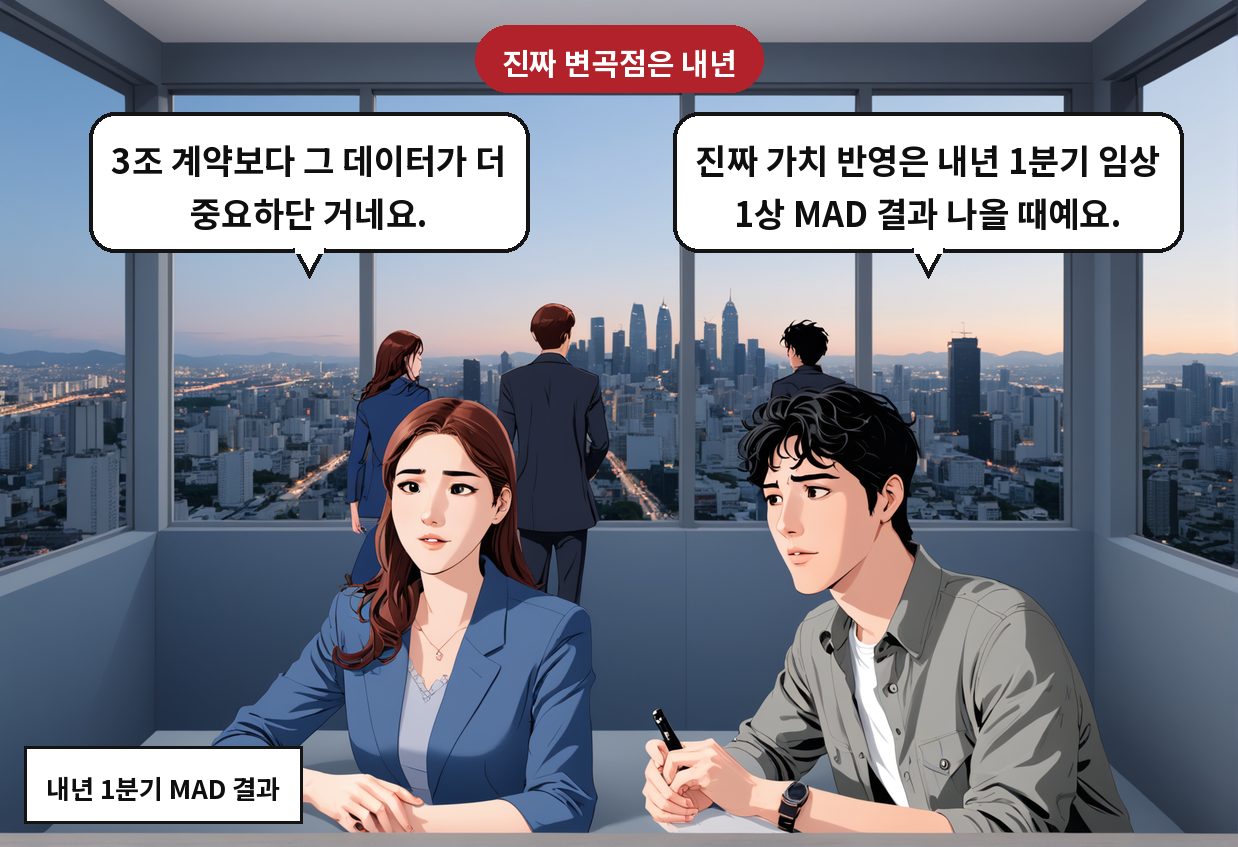 A: 진짜 가치 반영은 내년 1분기 임상 1상 MAD 결과 나올 때예요. B: 3조 계약보다 그 데이터가 더 중요하단 거네요.