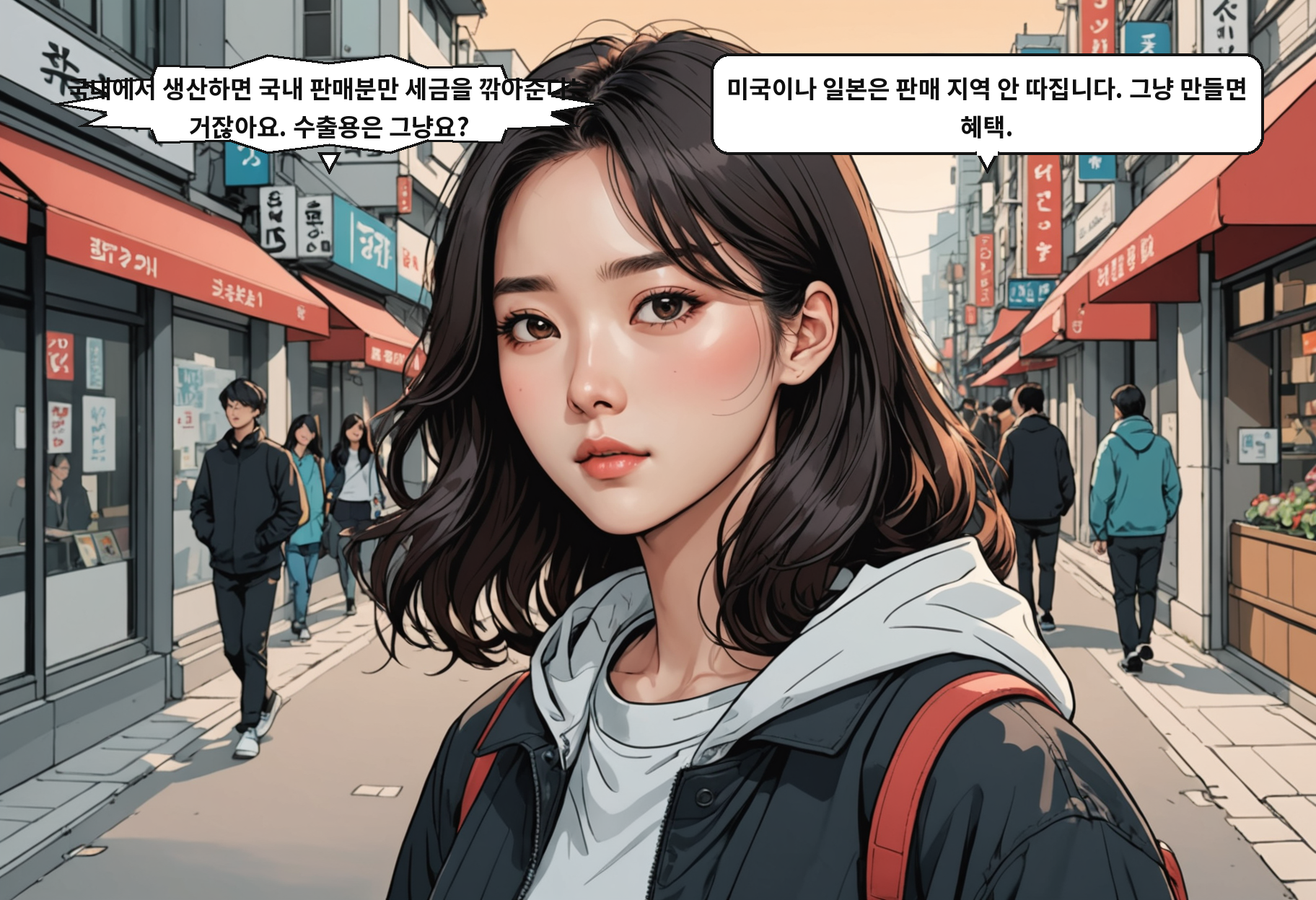 A: 국내에서 생산하면 국내 판매분만 세금을 깎아준다는 거잖아요. 수출용은 그냥요? B: 미국이나 일본은 판매 지역 안 따집니다. 그냥 만들면 혜택.