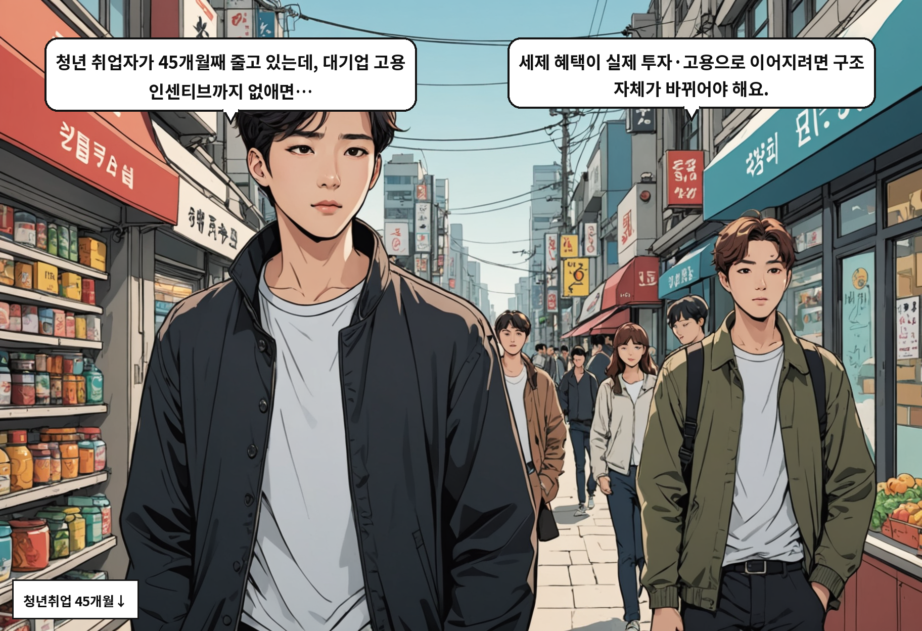A: 청년 취업자가 45개월째 줄고 있는데, 대기업 고용 인센티브까지 없애면… B: 세제 혜택이 실제 투자·고용으로 이어지려면 구조 자체가 바뀌어야 해요.