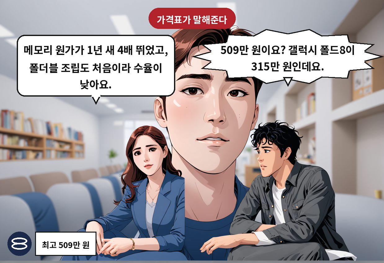 B: 509만 원이요? 갤럭시 폴드8이 315만 원인데요. A: 메모리 원가가 1년 새 4배 뛰었고, 폴더블 조립도 처음이라 수율이 낮아요.