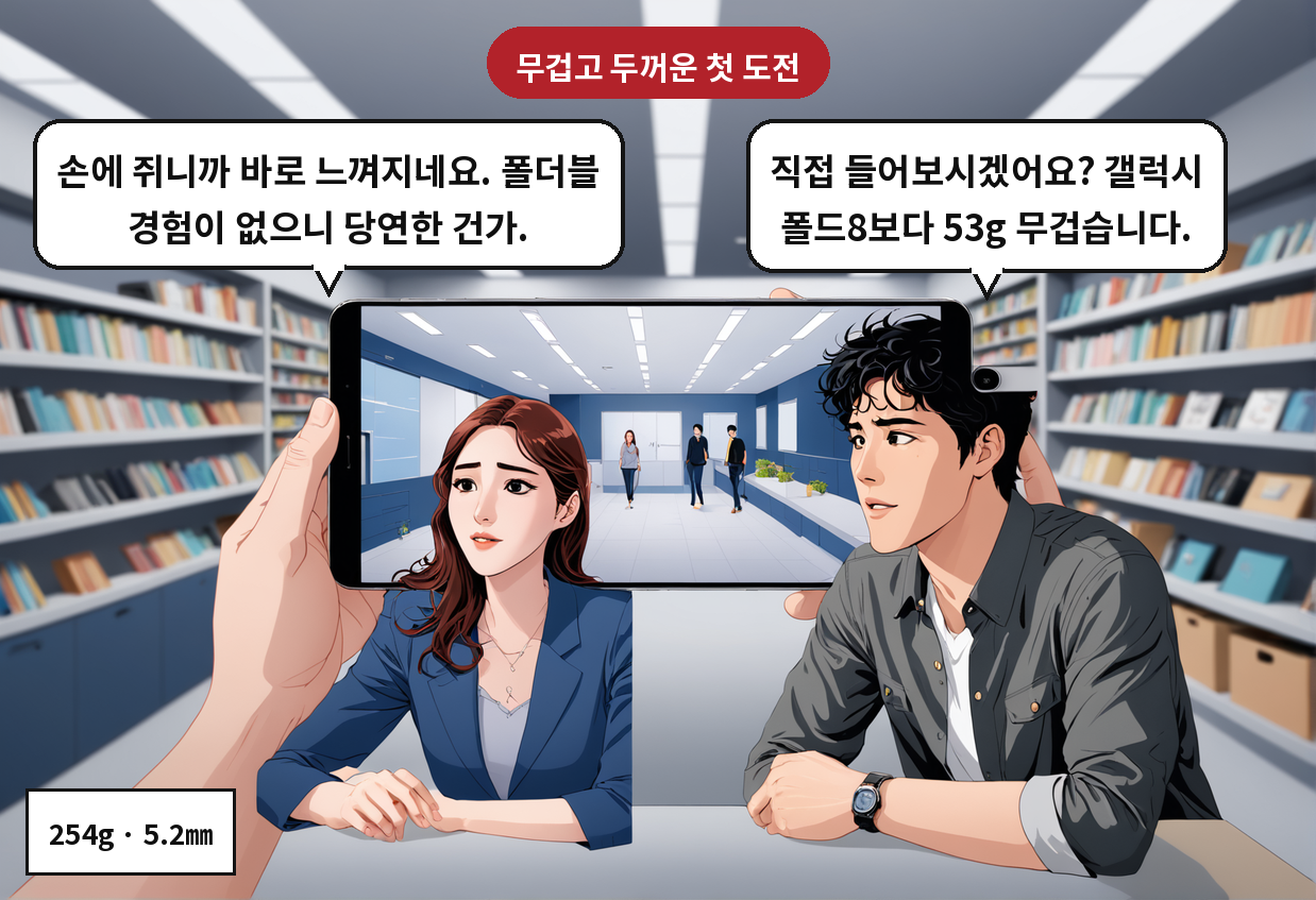 A: 직접 들어보시겠어요? 갤럭시 폴드8보다 53g 무겁습니다. B: 손에 쥐니까 바로 느껴지네요. 폴더블 경험이 없으니 당연한 건가.