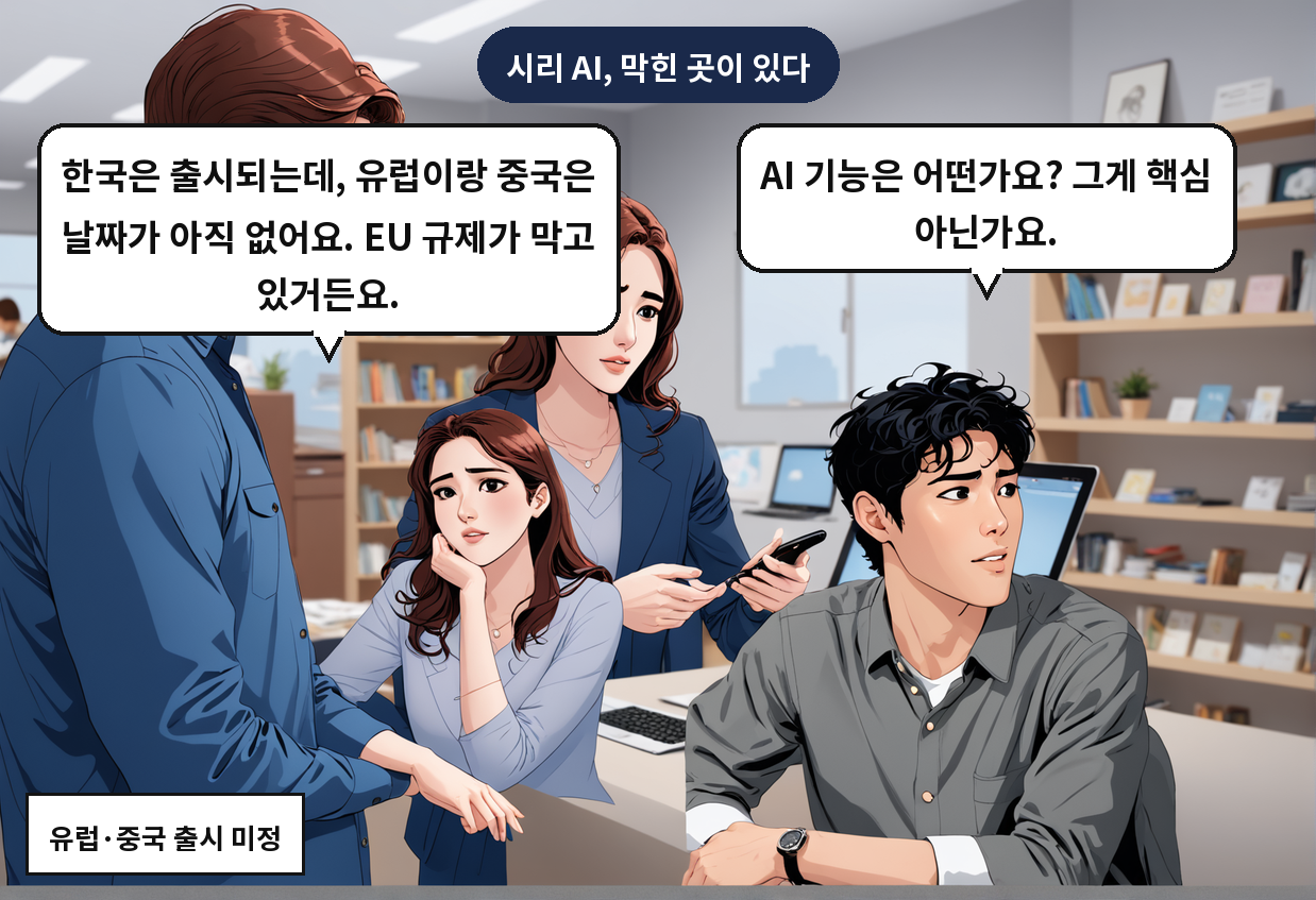 B: AI 기능은 어떤가요? 그게 핵심 아닌가요. A: 한국은 출시되는데, 유럽이랑 중국은 날짜가 아직 없어요. EU 규제가 막고 있거든요.