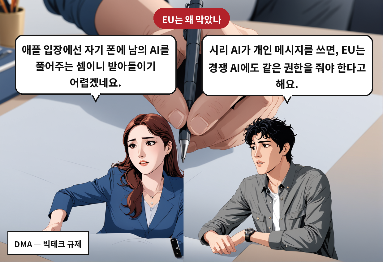 A: 시리 AI가 개인 메시지를 쓰면, EU는 경쟁 AI에도 같은 권한을 줘야 한다고 해요. B: 애플 입장에선 자기 폰에 남의 AI를 풀어주는 셈이니 받아들이기 어렵겠네요.
